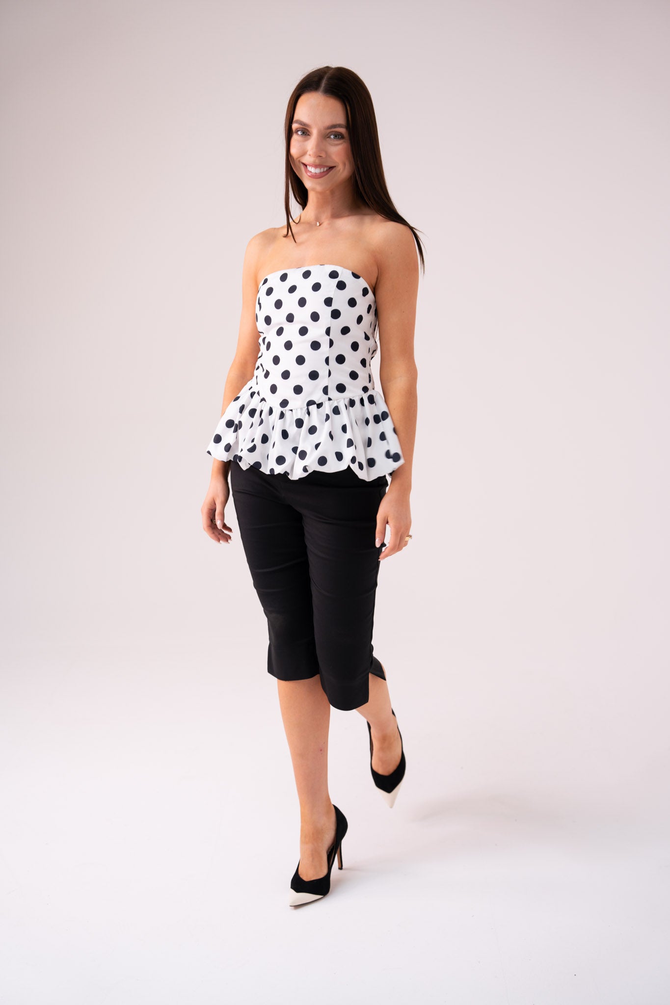 Elsa Polka Dot Strapless Top In Black