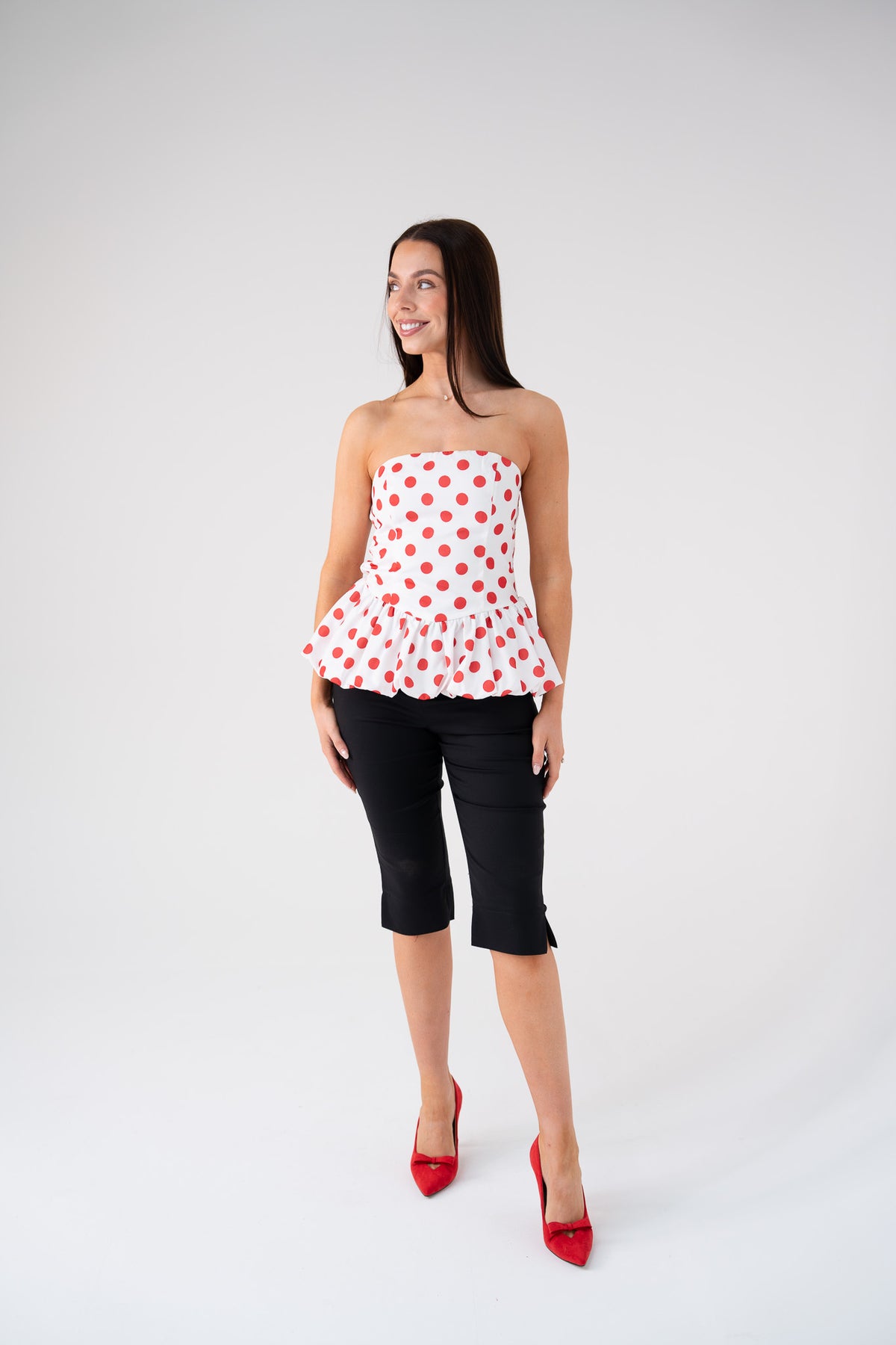 Elsa Polka Dot Strapless Top In Red