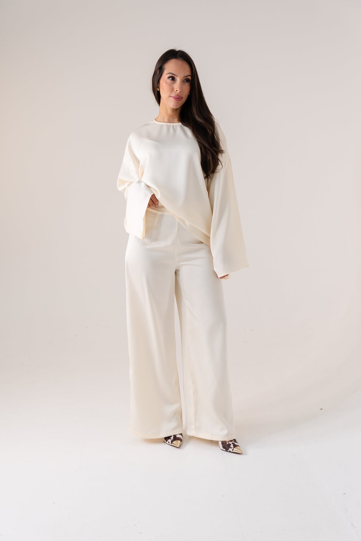 Elsa Satin Mix Trousers In Ivory