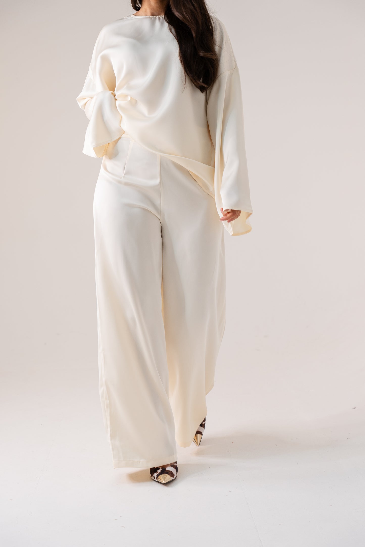 Elsa Satin Mix Trousers In Ivory