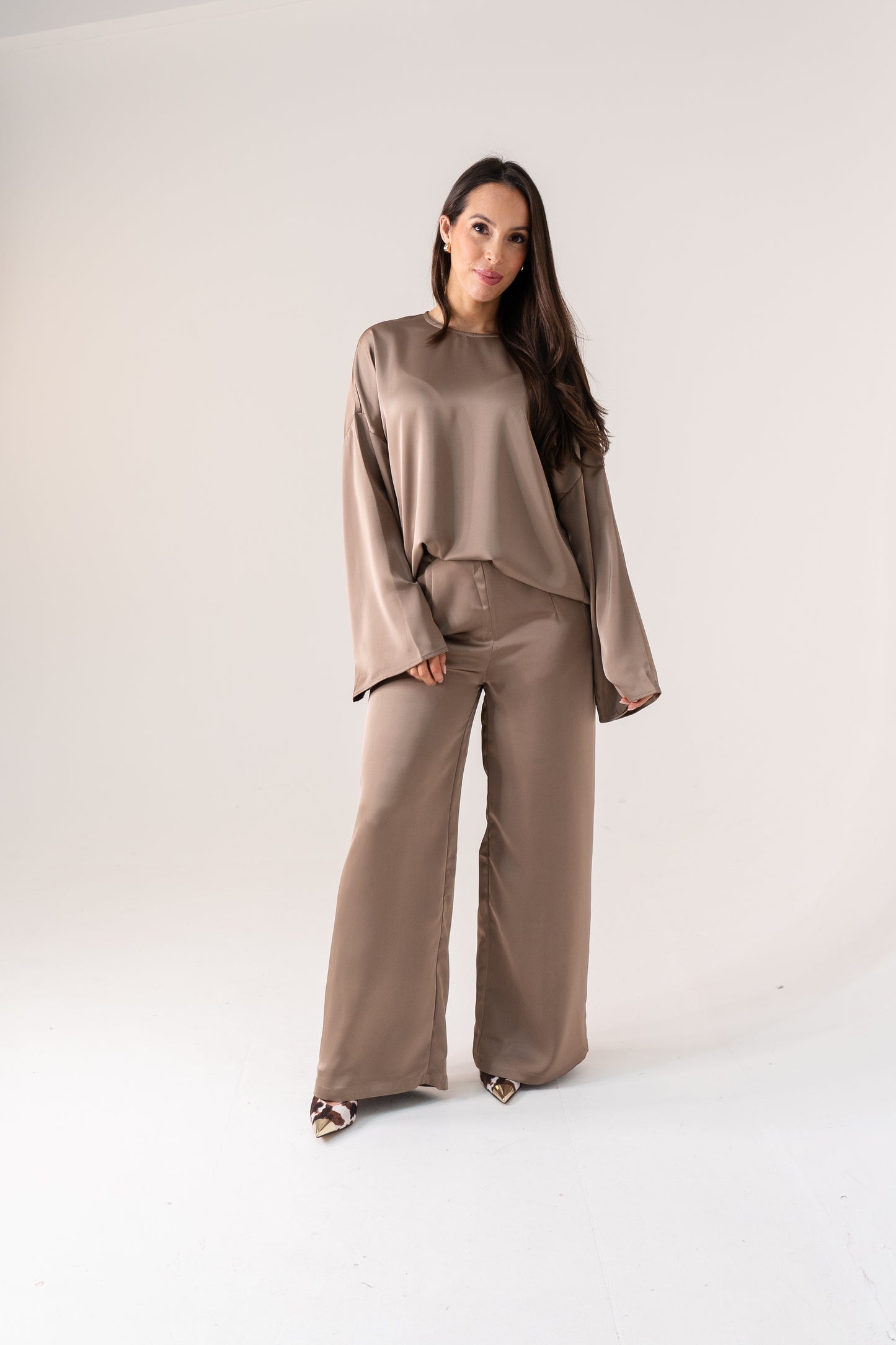 Elsa Satin Mix Trousers In Taupe