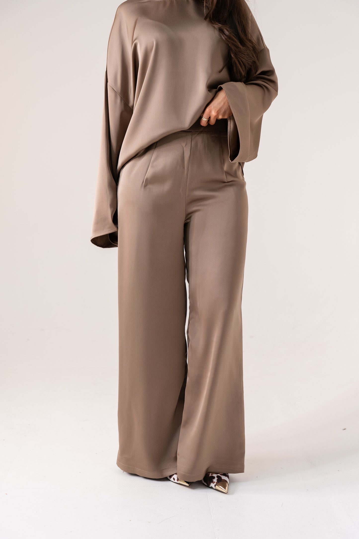 Elsa Satin Mix Trousers In Taupe