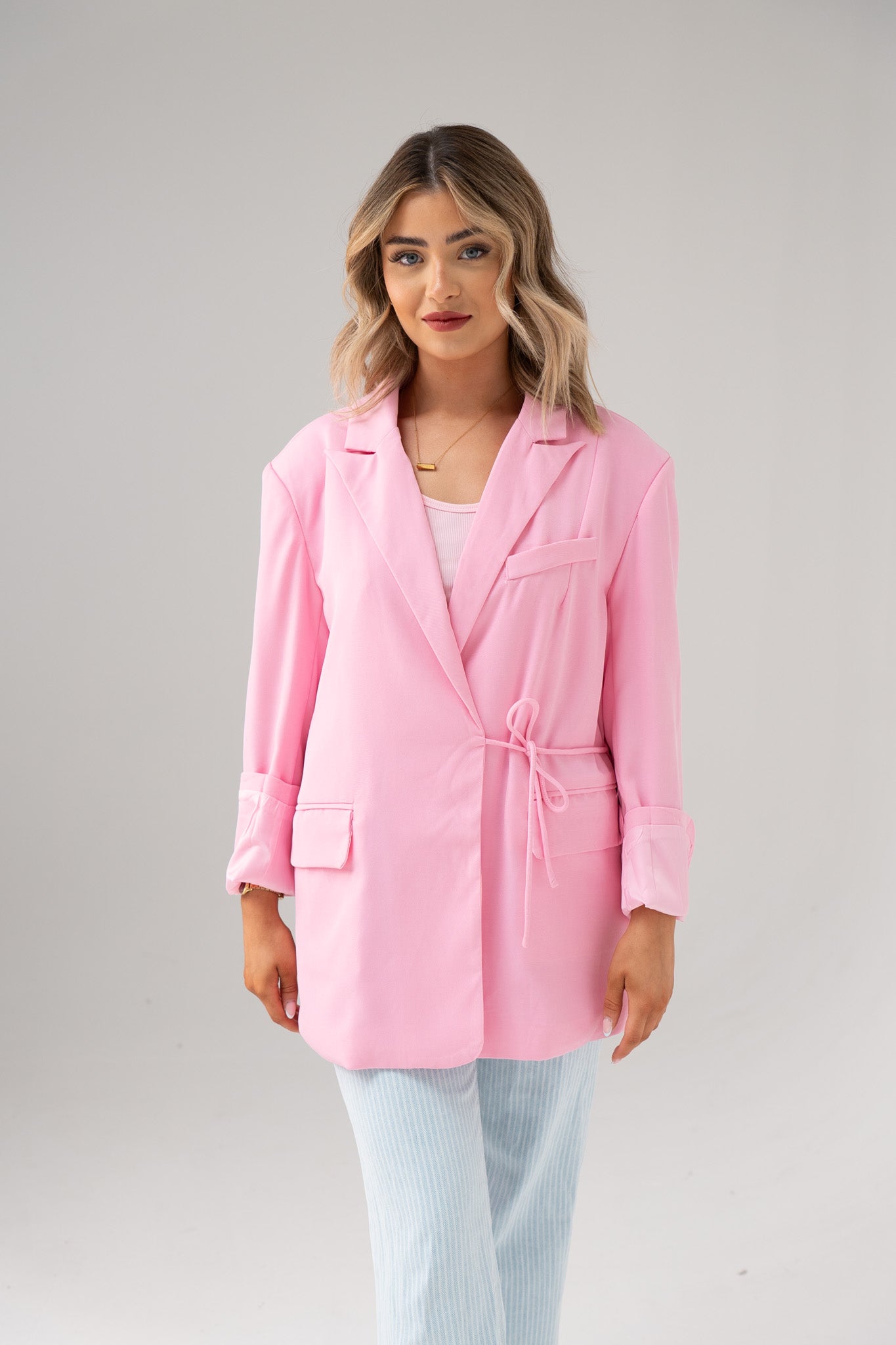 Elsa Tie Front Wrap Blazer In Pink