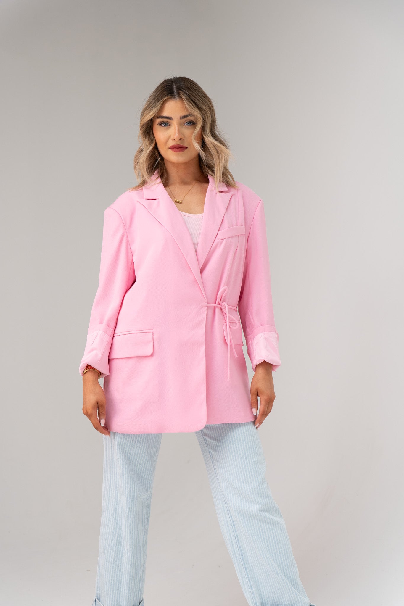 Elsa Tie Front Wrap Blazer In Pink