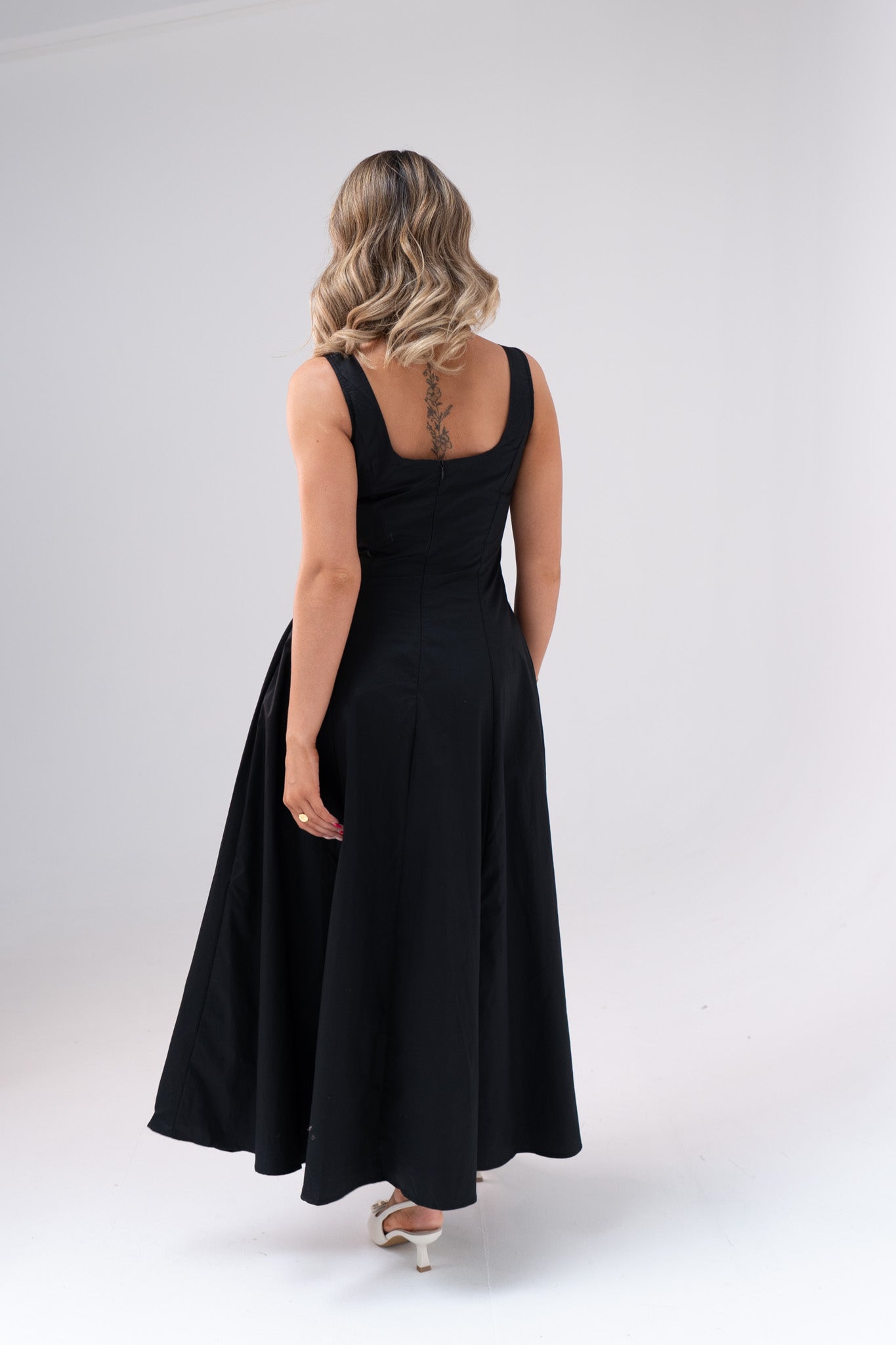 Elsa Square Neck Cotton Dress In Black