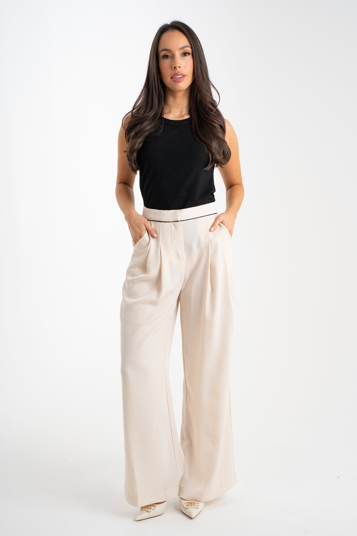 Grace Contrast Waist Trousers In Neutral