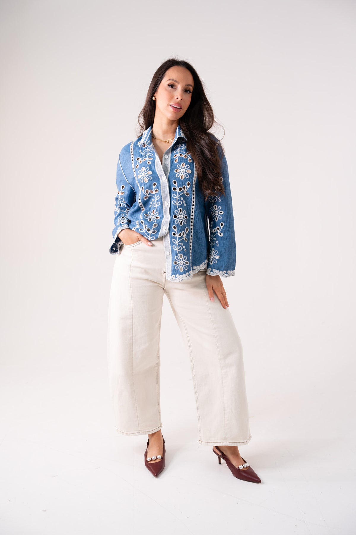 Hayley Cream Embroidered Shirt In Blue