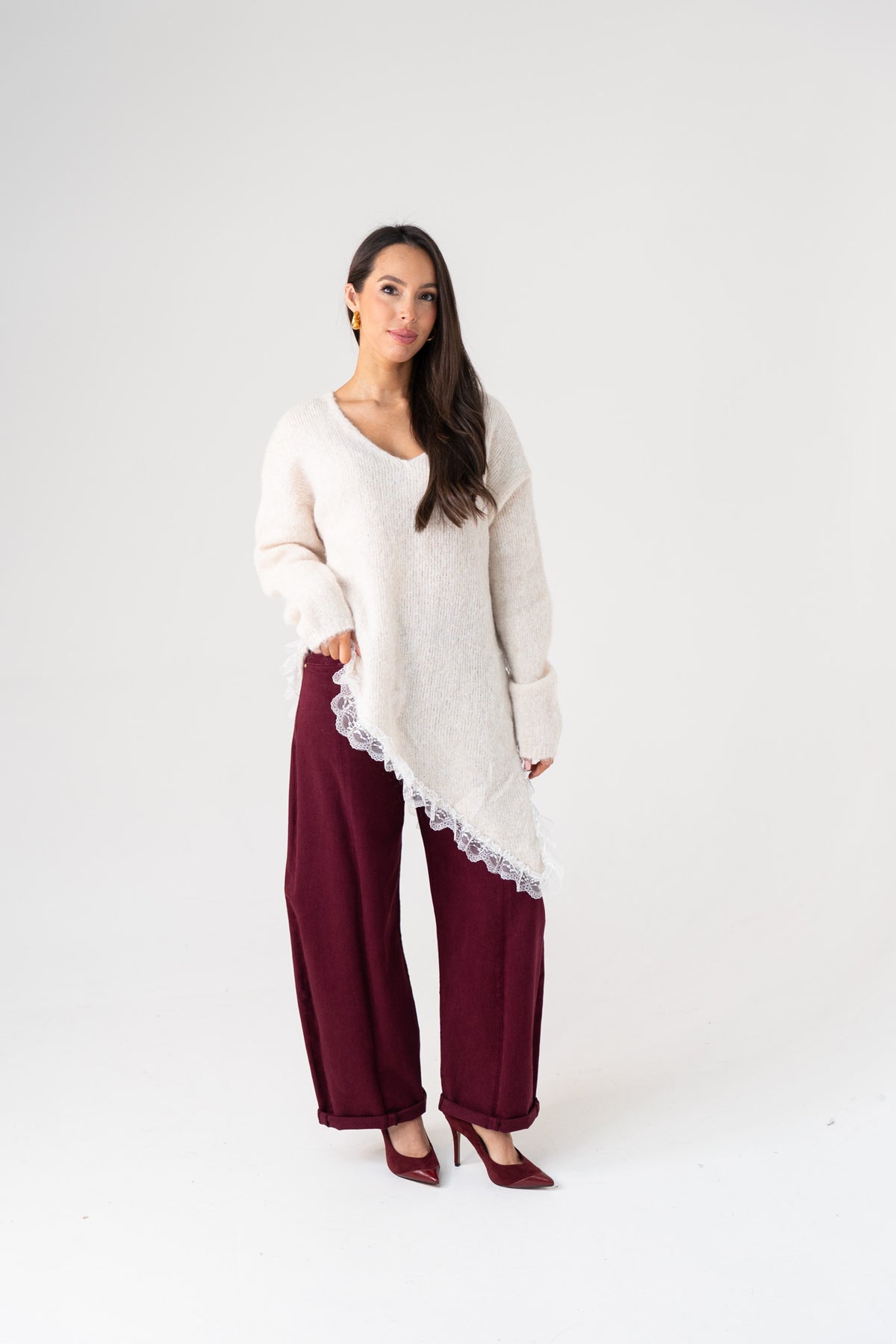 Holly Asymmetric Lace Trim Jumper In Neutral