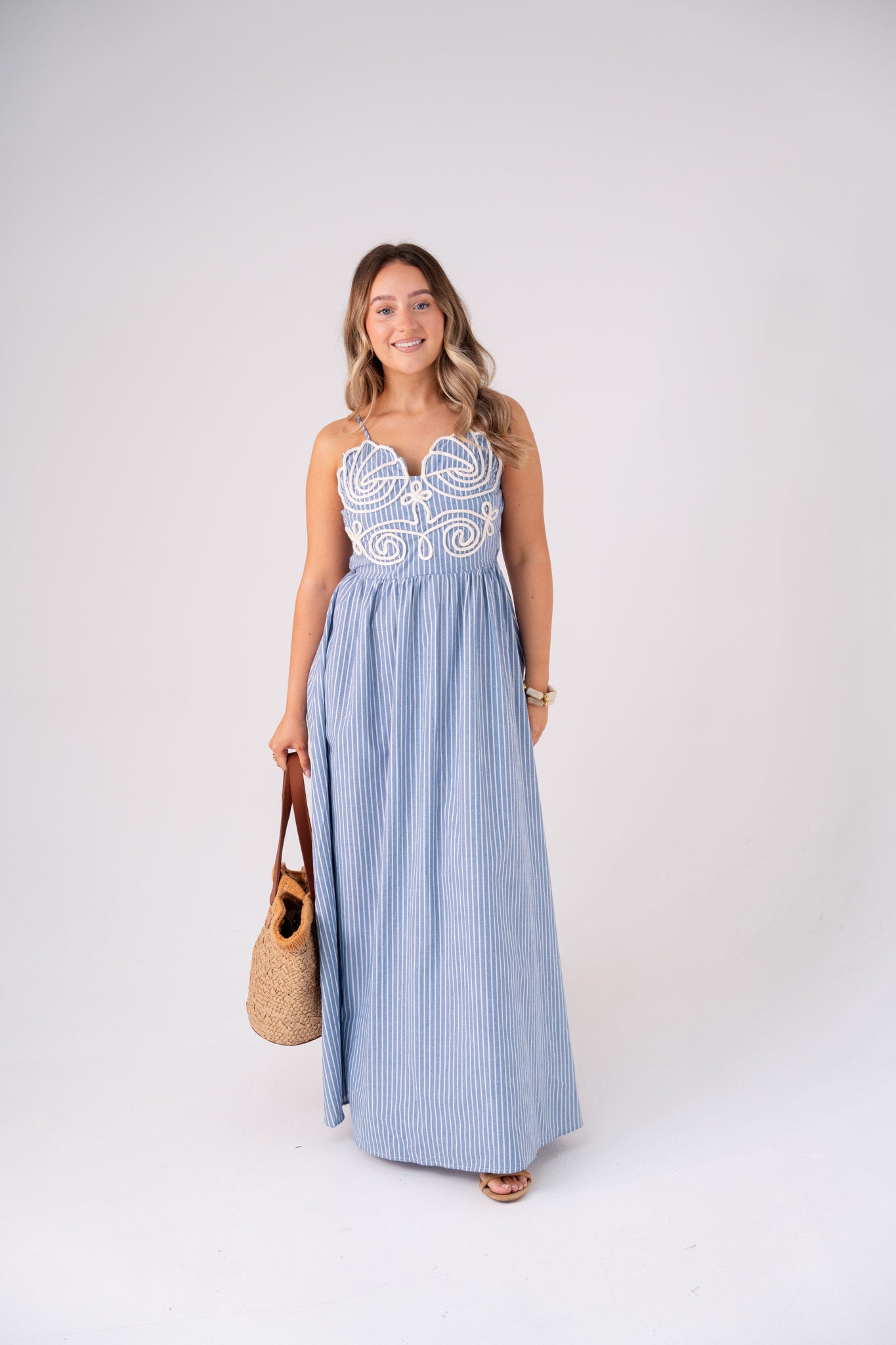 Holly Cord Detail Pinstripe Dress In Blue