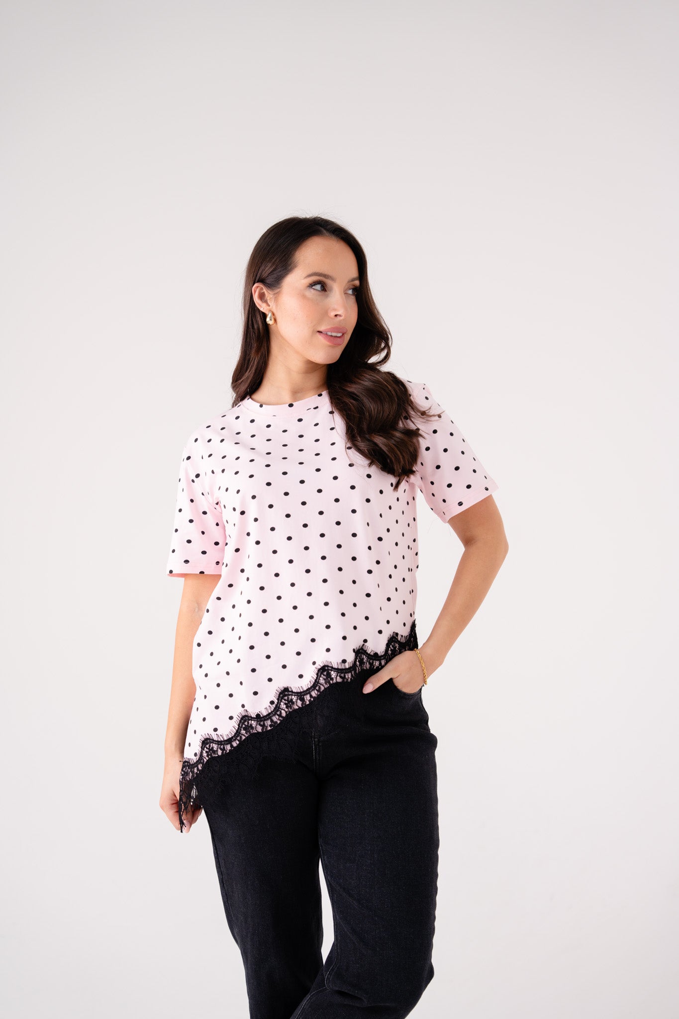 Holly Lace Trim Spotted T-Shirt In Pink