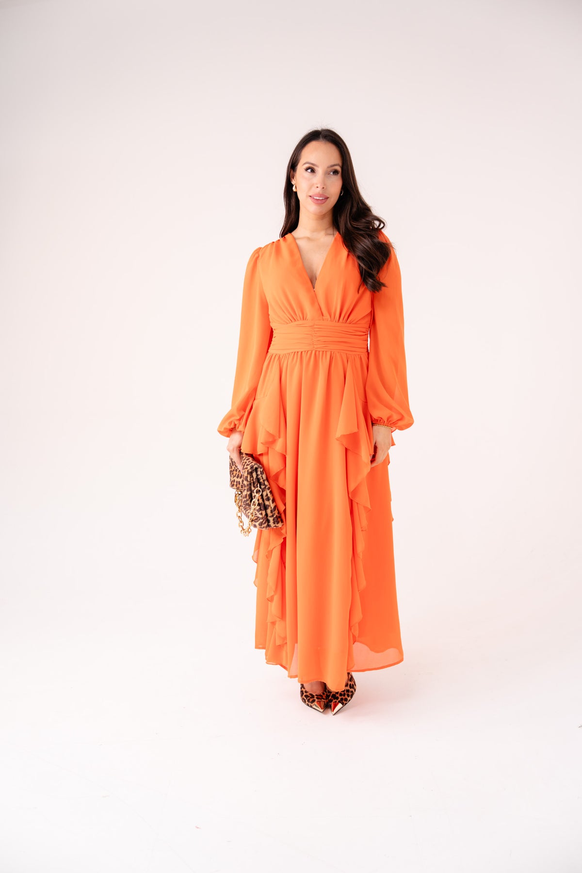 Holly Ruched Detail Ruffle Dress In Orange