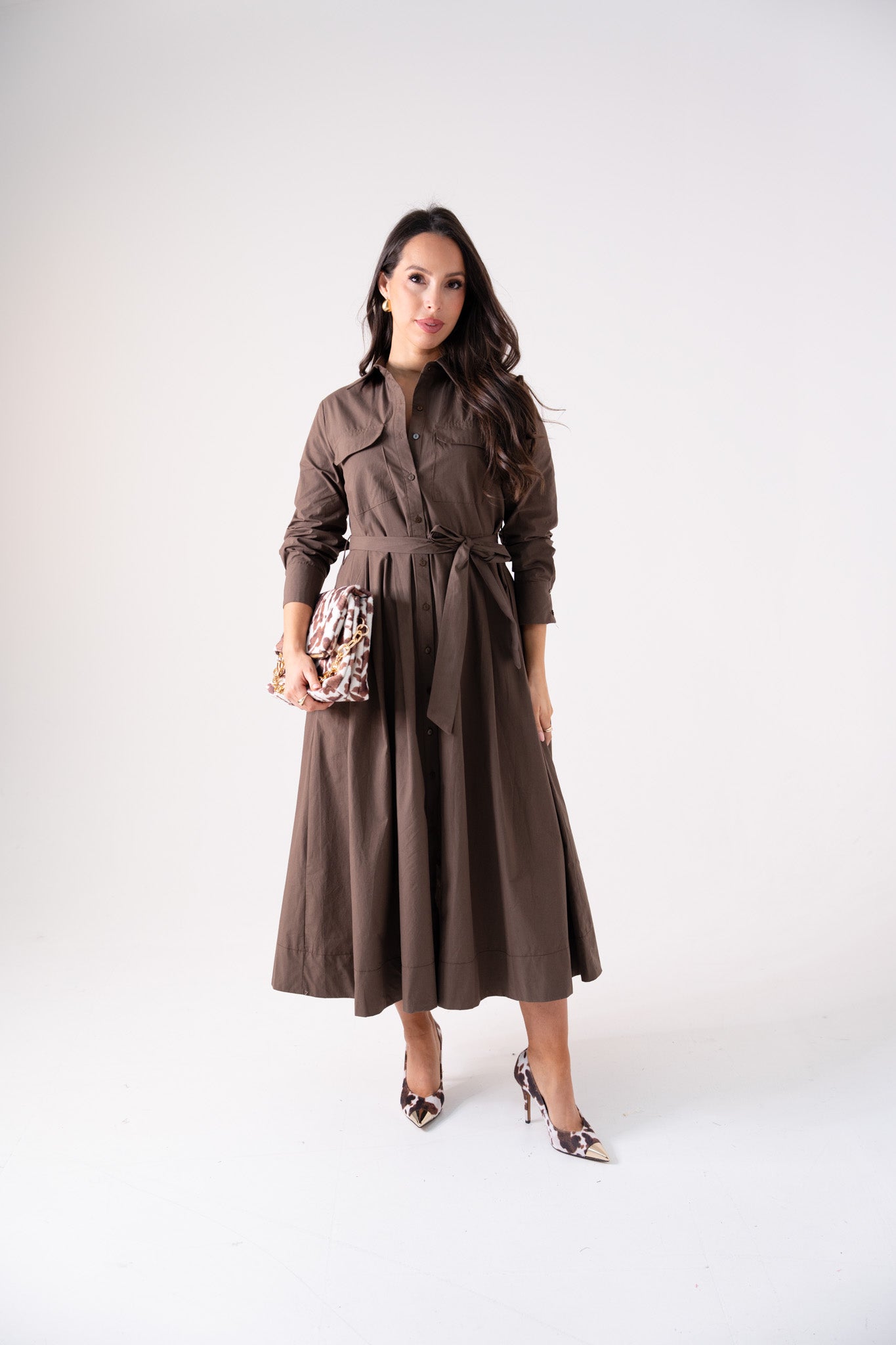 Holly Tie Waist Shirt Dress In Chocolate