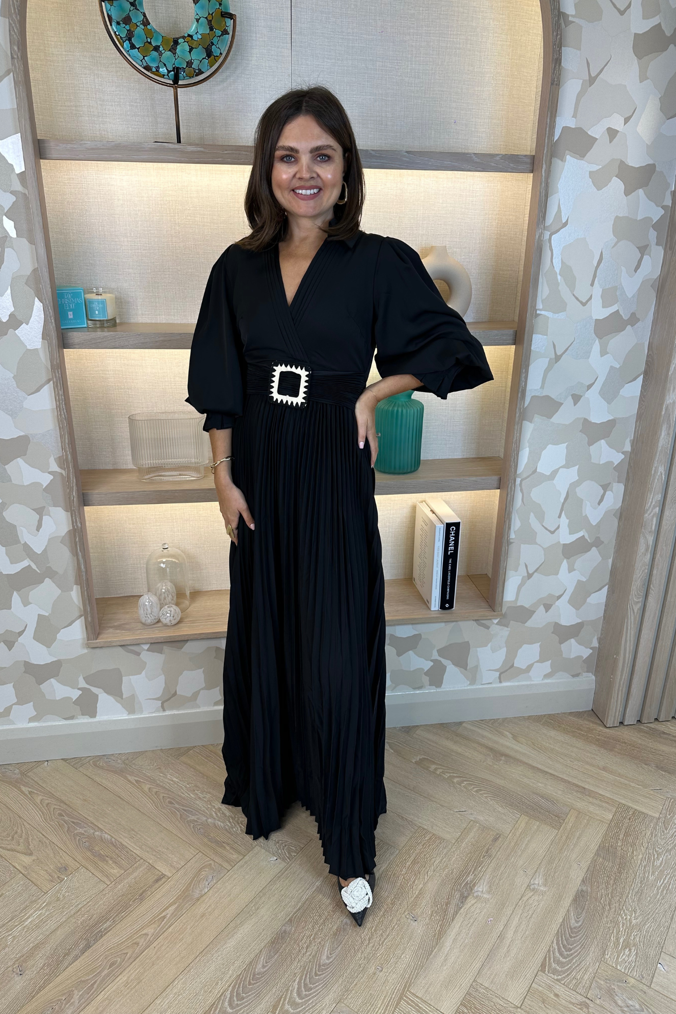 Taylor Belted Pleat Dress In Black