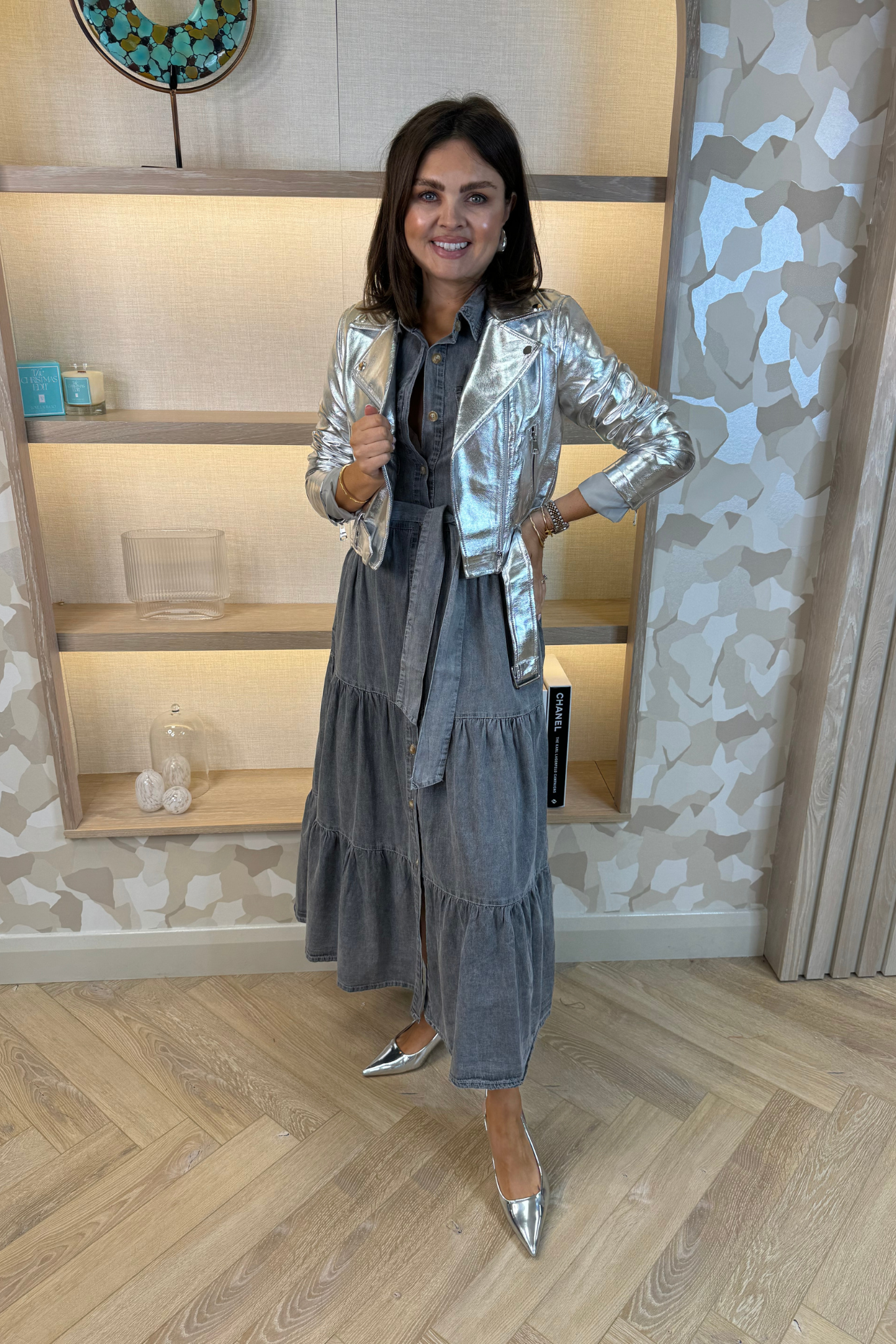 Flynn Metallic Biker Jacket In Silver