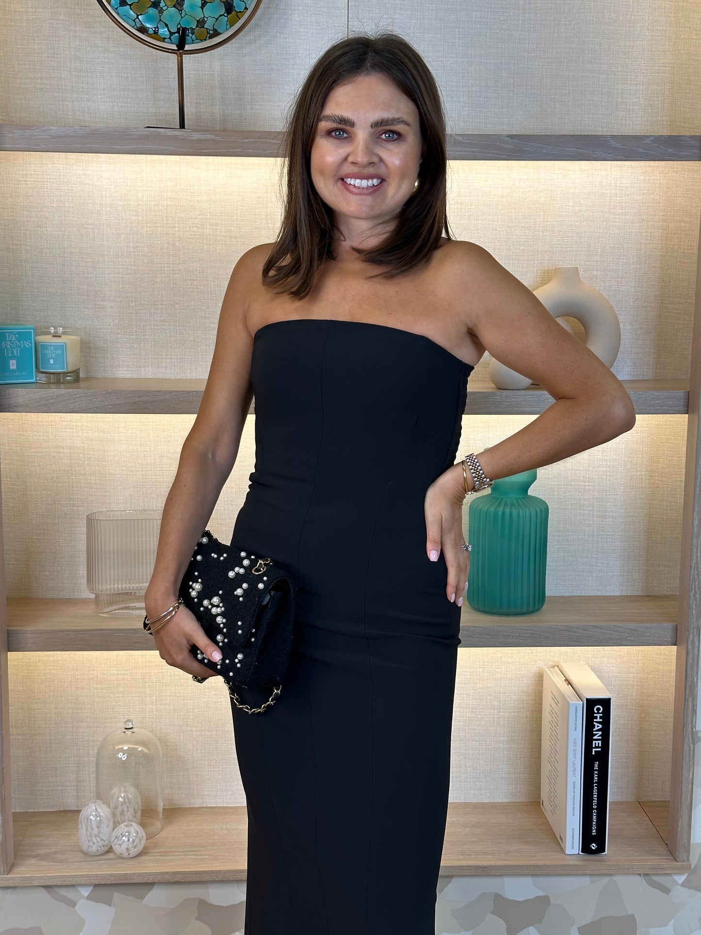 Pia Strapless Midi Dress In Black