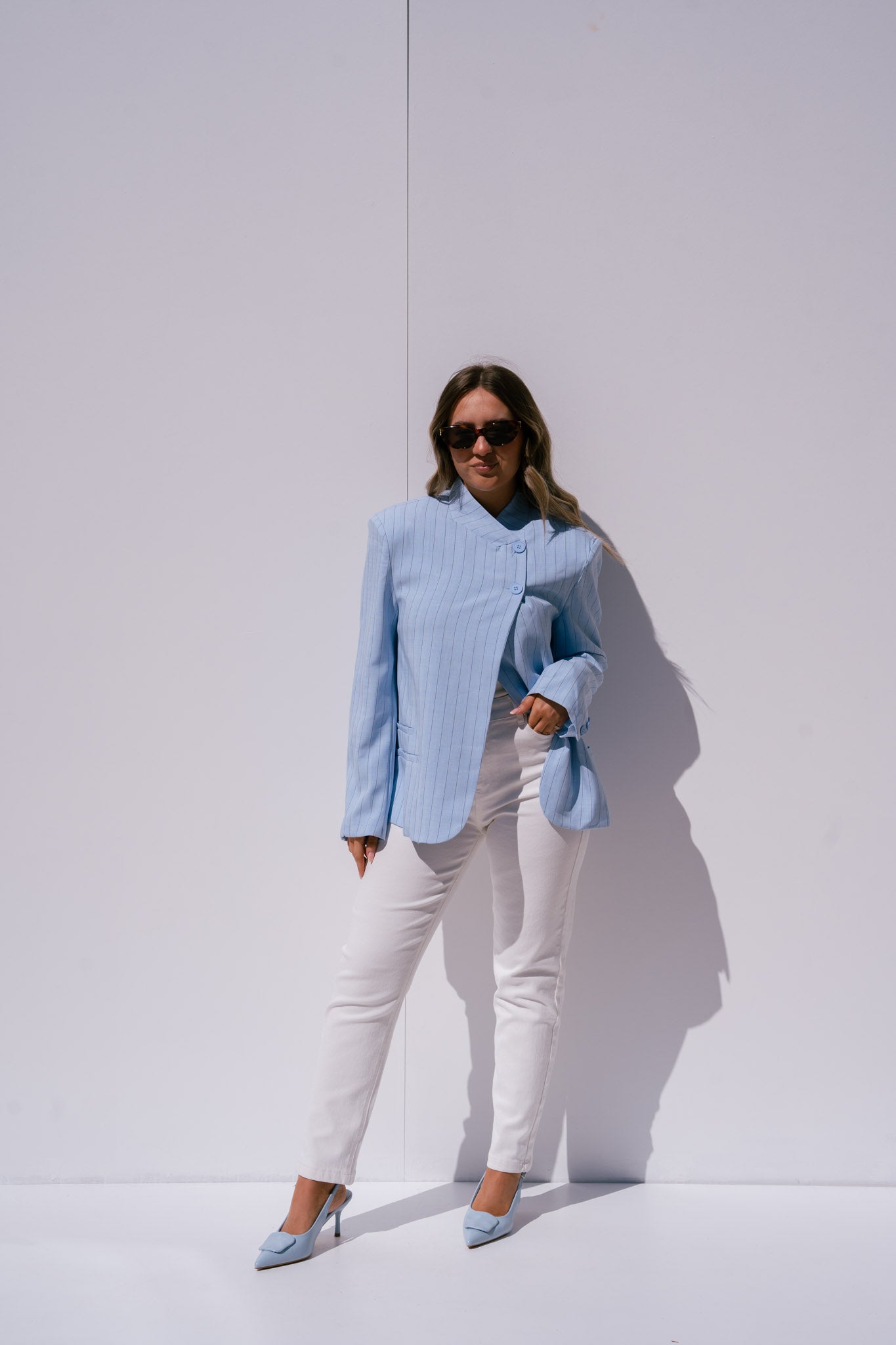 Iris High Collar Pinstripe Blazer In Blue