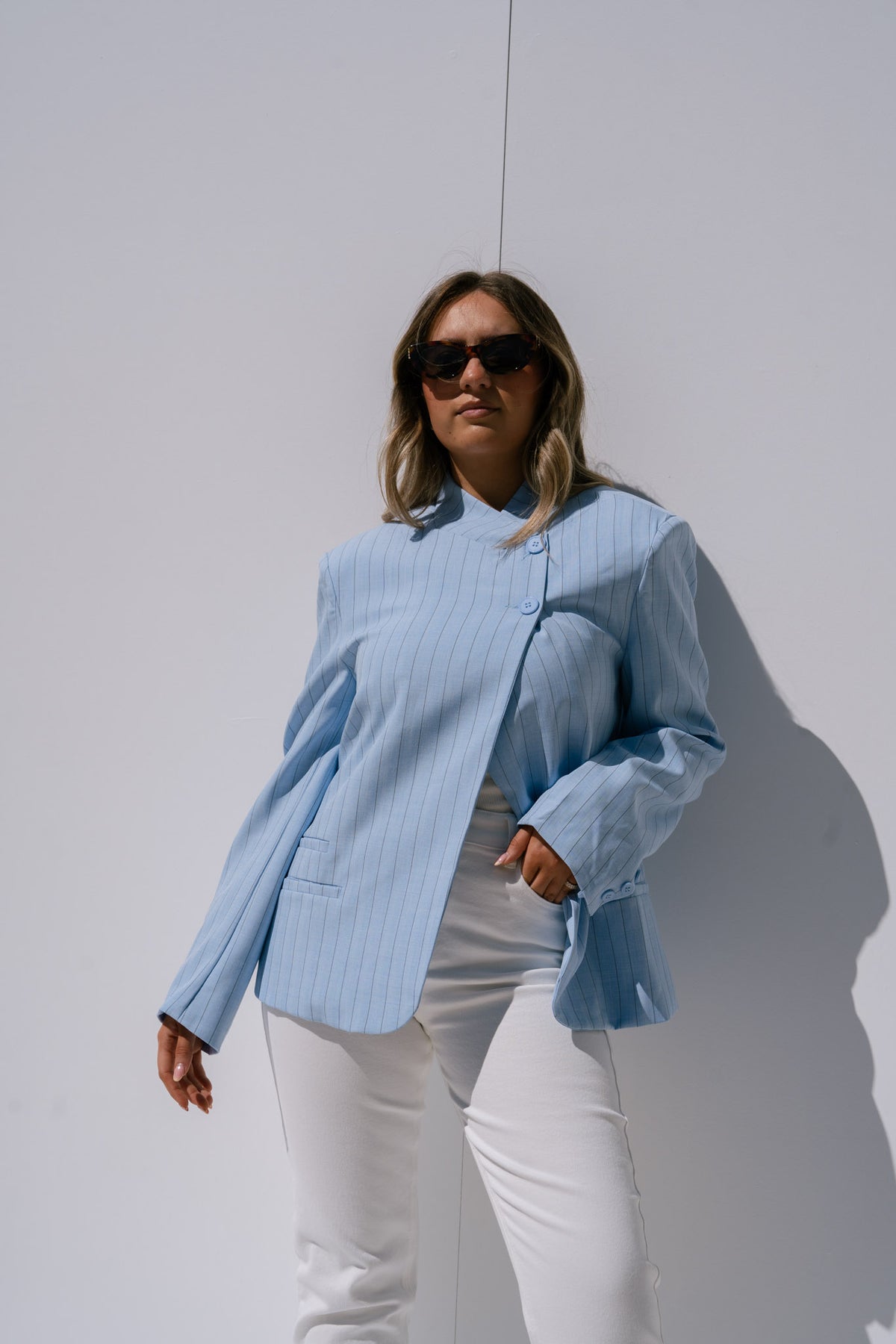 Iris High Collar Pinstripe Blazer In Blue