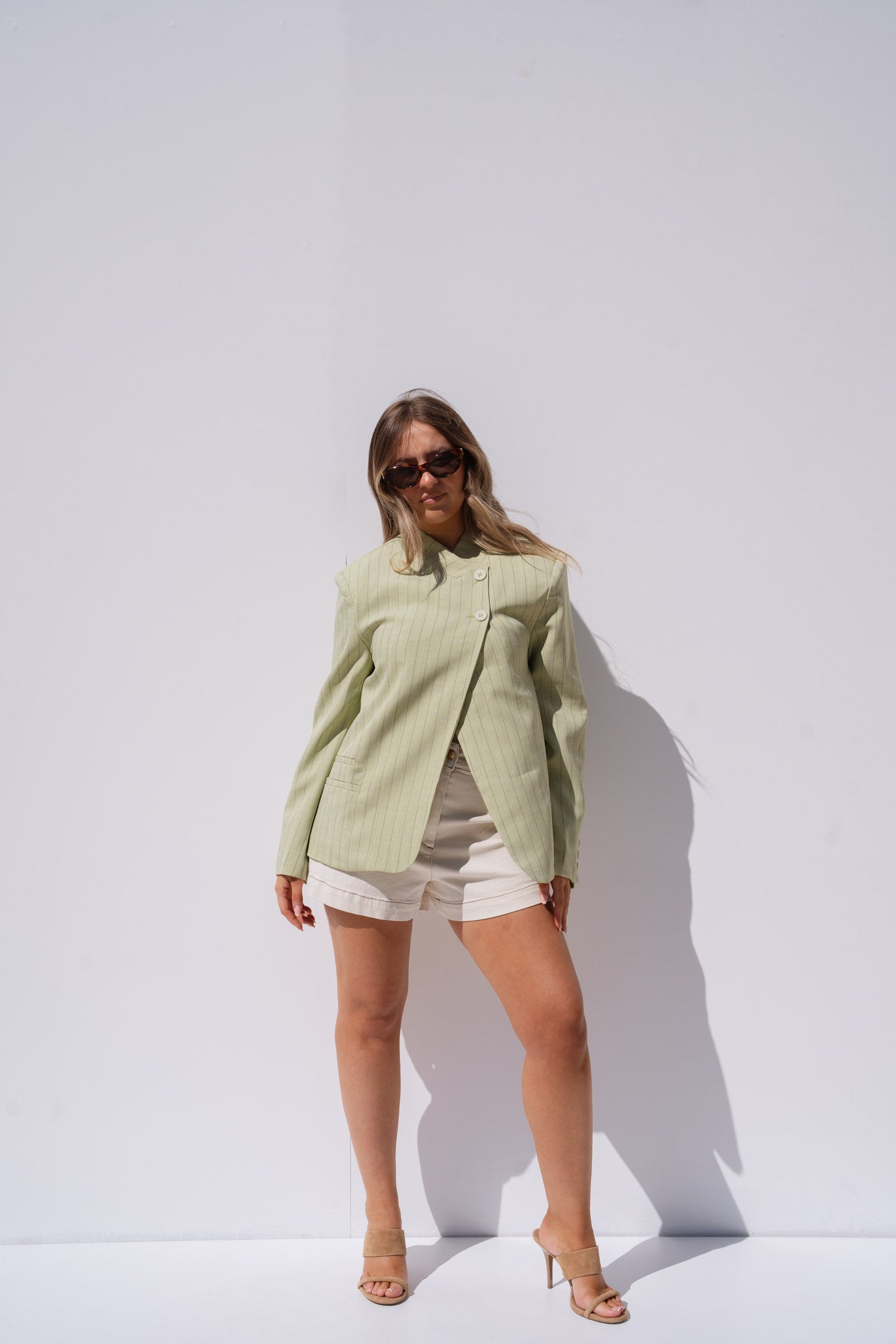 Iris High Collar Pinstripe Blazer In Green