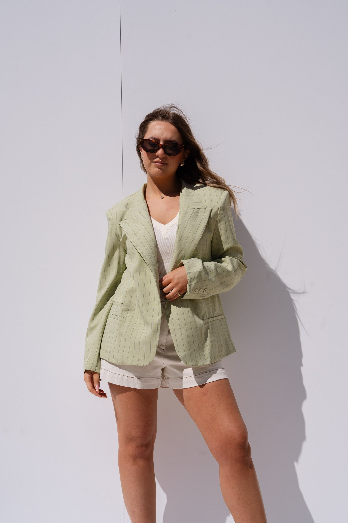 Iris High Collar Pinstripe Blazer In Green