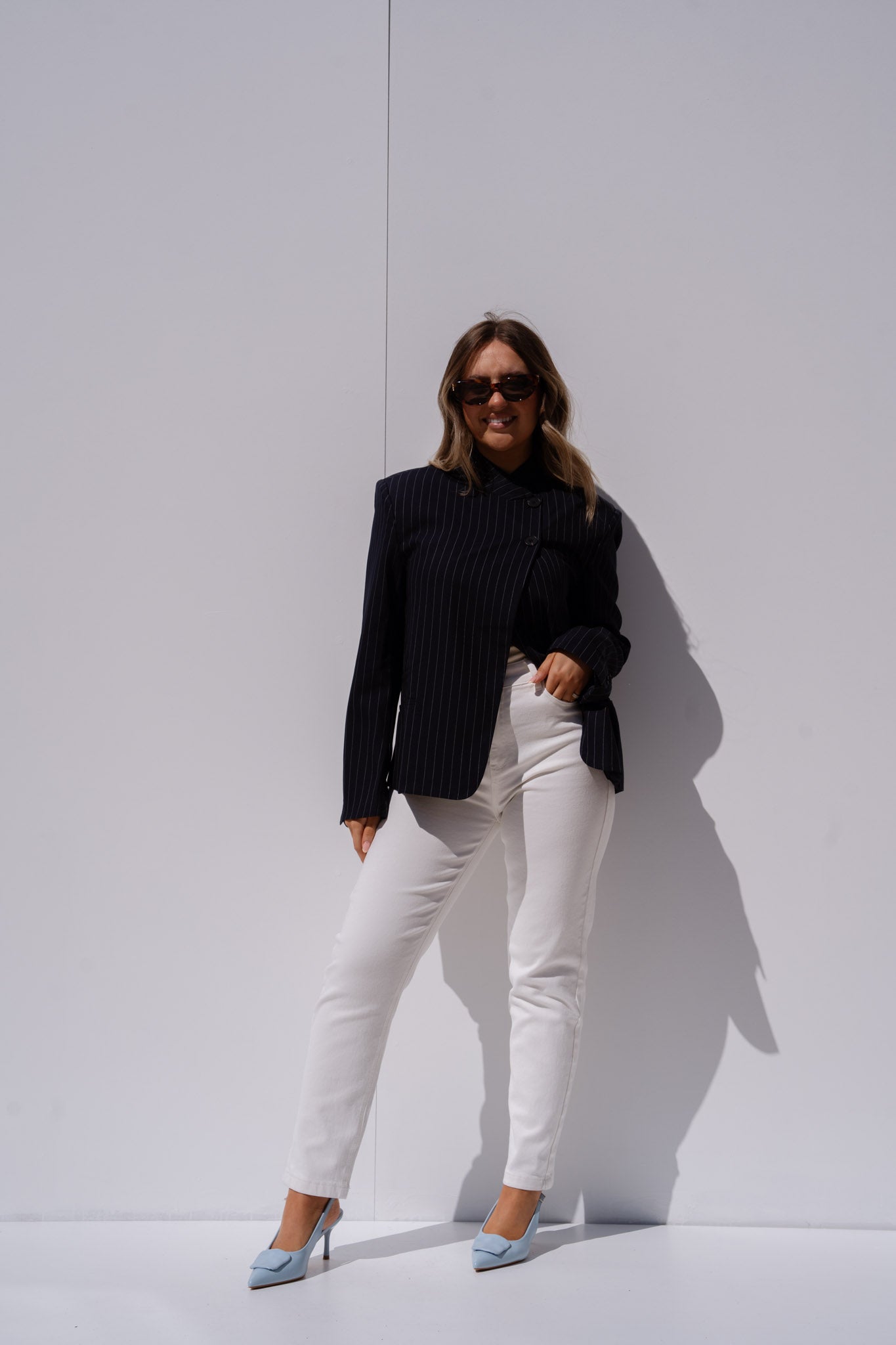 Iris High Collar Pinstripe Blazer In Navy