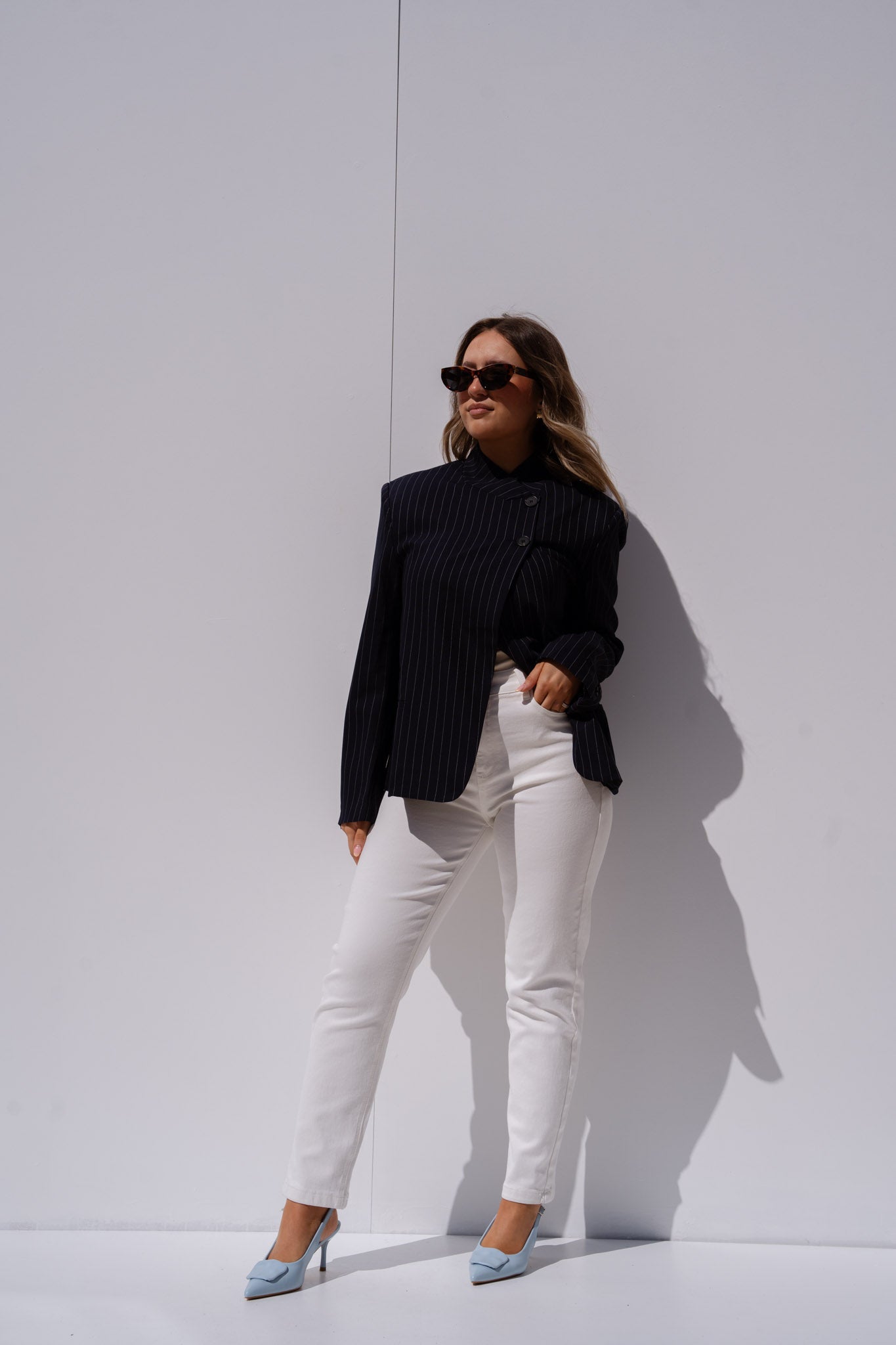 Iris High Collar Pinstripe Blazer In Navy