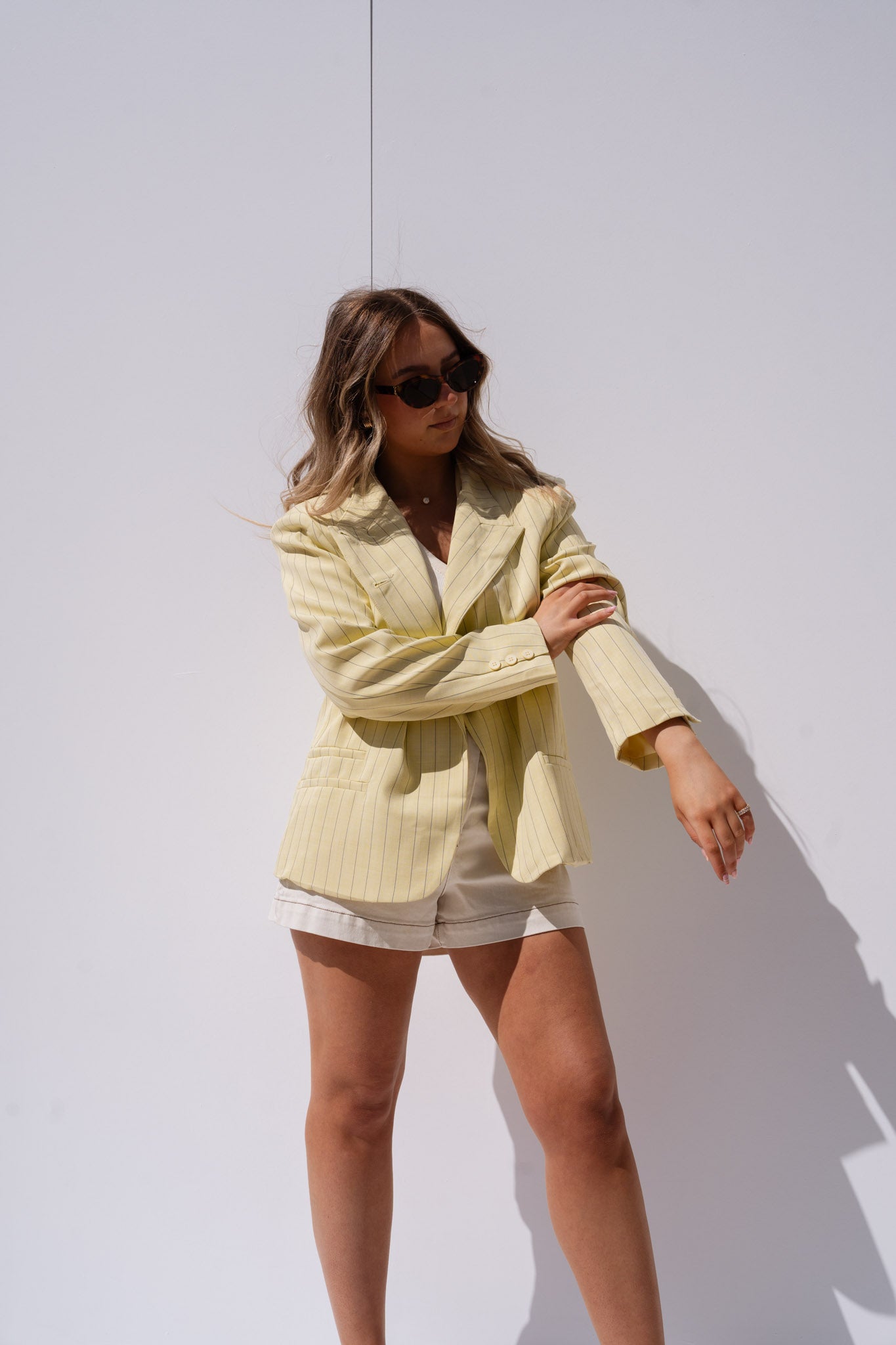 Iris High Collar Pinstripe Blazer In Yellow
