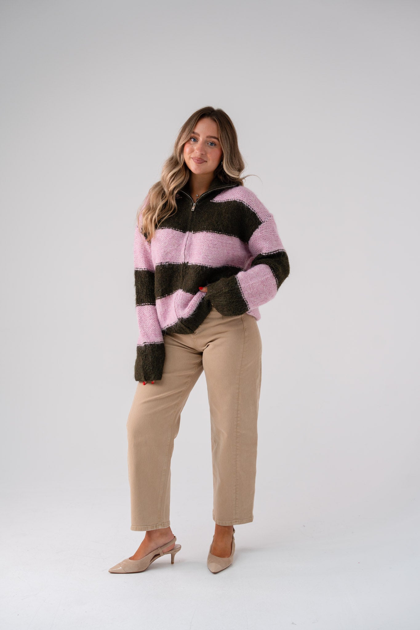 Iris Zip Cardigan In Pink & Khaki