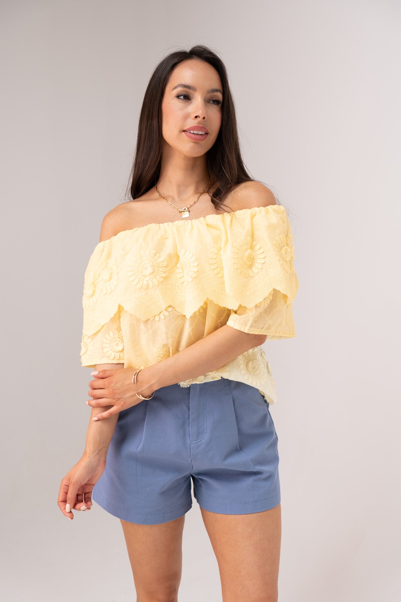 Iris Embroidered Bardot Top In Yellow