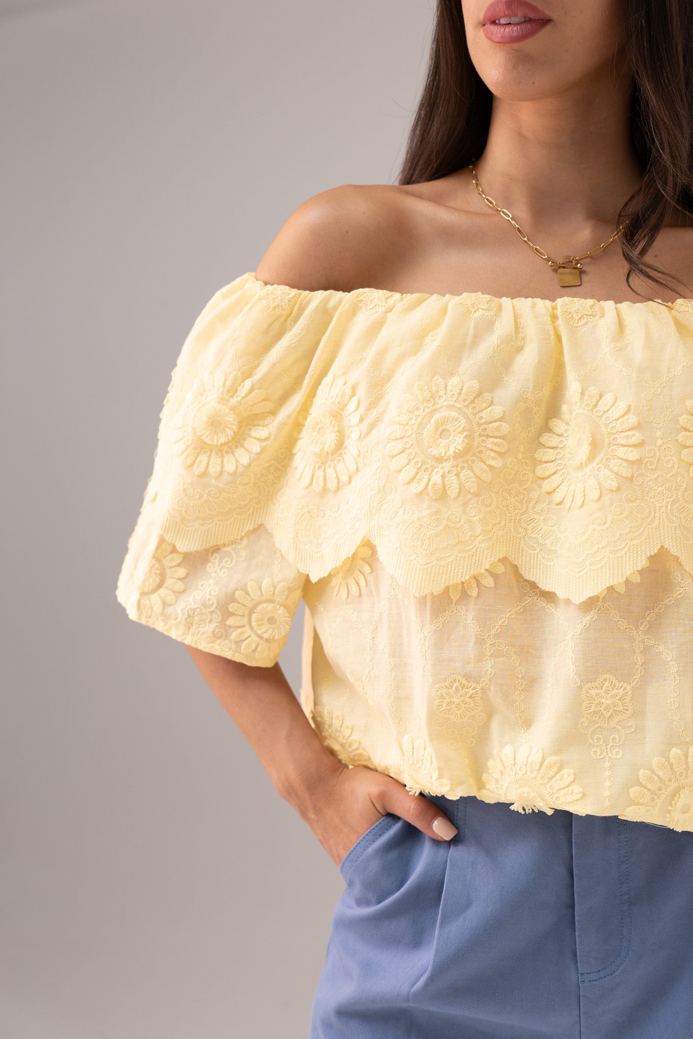 Iris Embroidered Bardot Top In Yellow