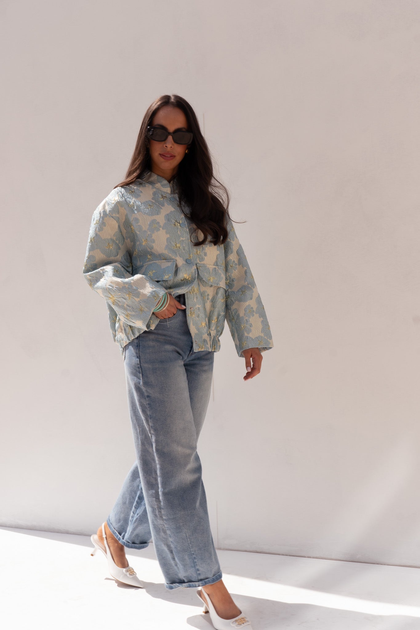 Iris Floral Print Bomber Jacket In Blue