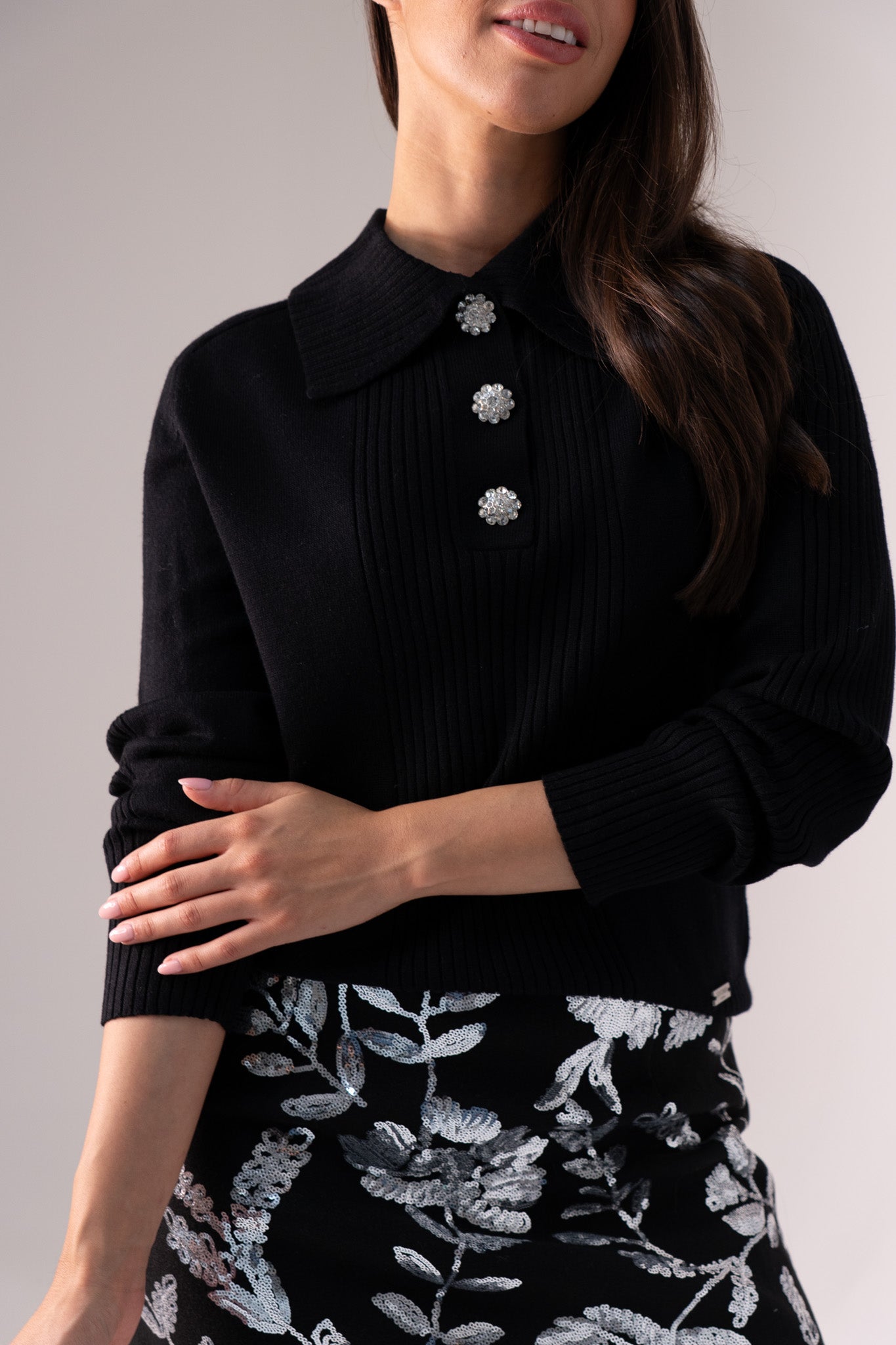 Jasmine Embellished Button Jumper In Black