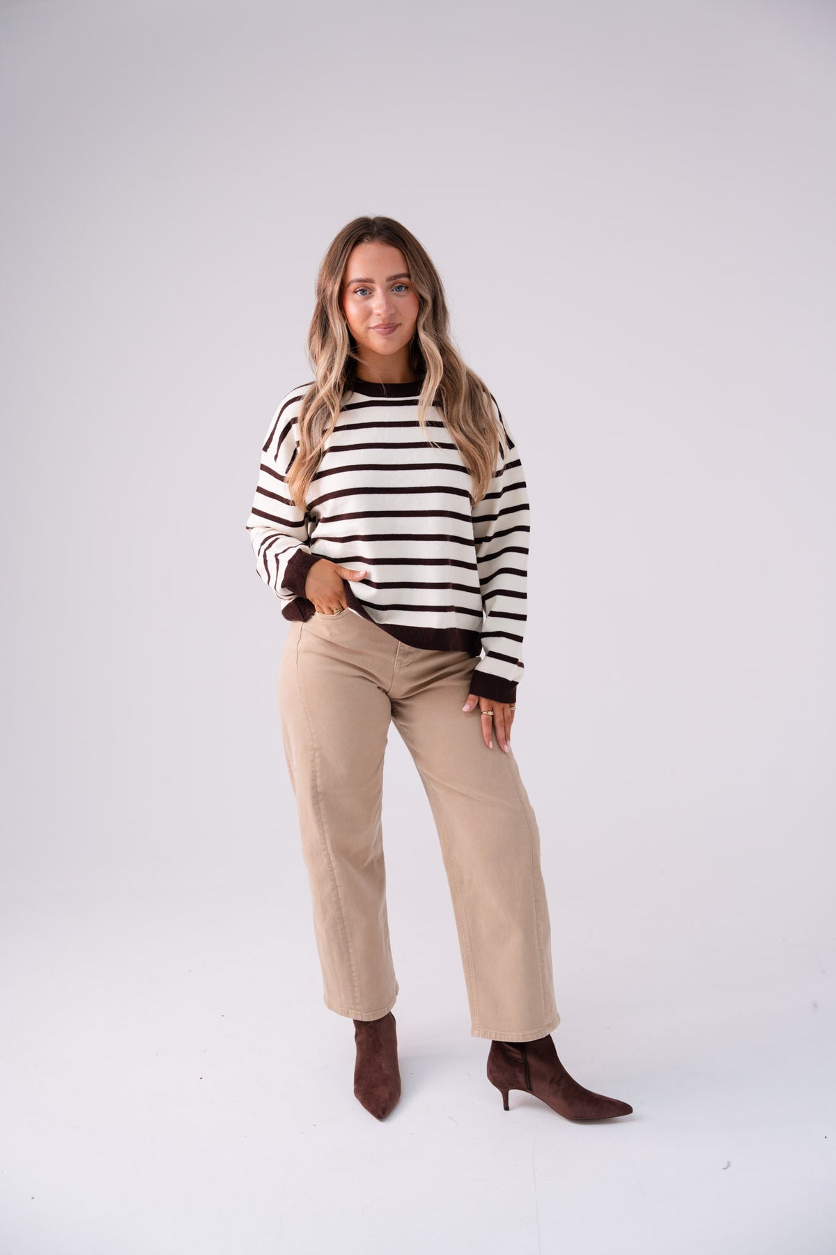 Kendra Stripe Crossover Jumper In Chocolate