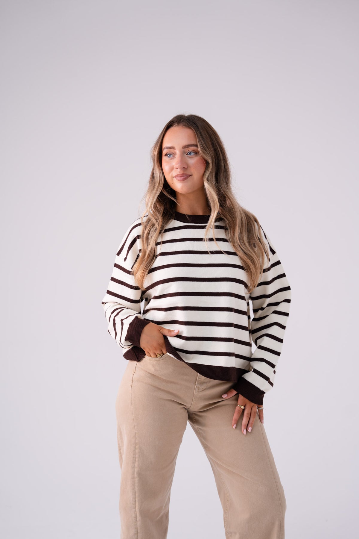 Kendra Stripe Crossover Jumper In Chocolate
