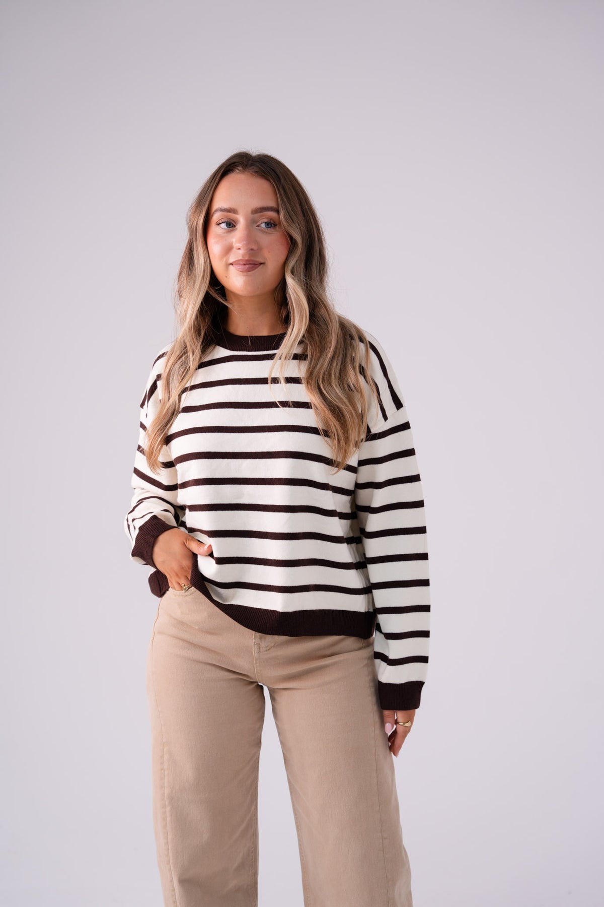 Kendra Stripe Crossover Jumper In Chocolate
