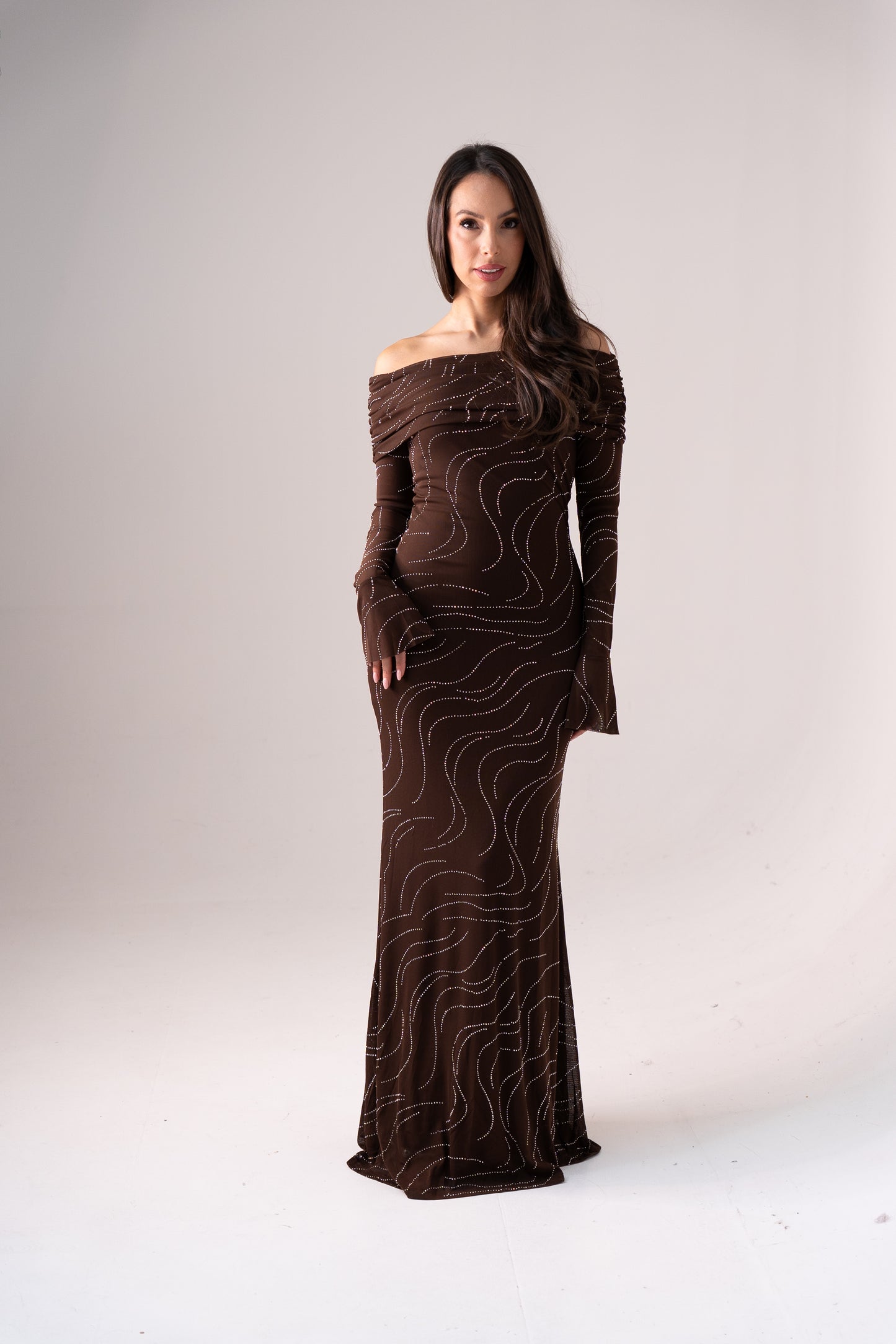 Kate Embellished Bardot Dress In Chocolate