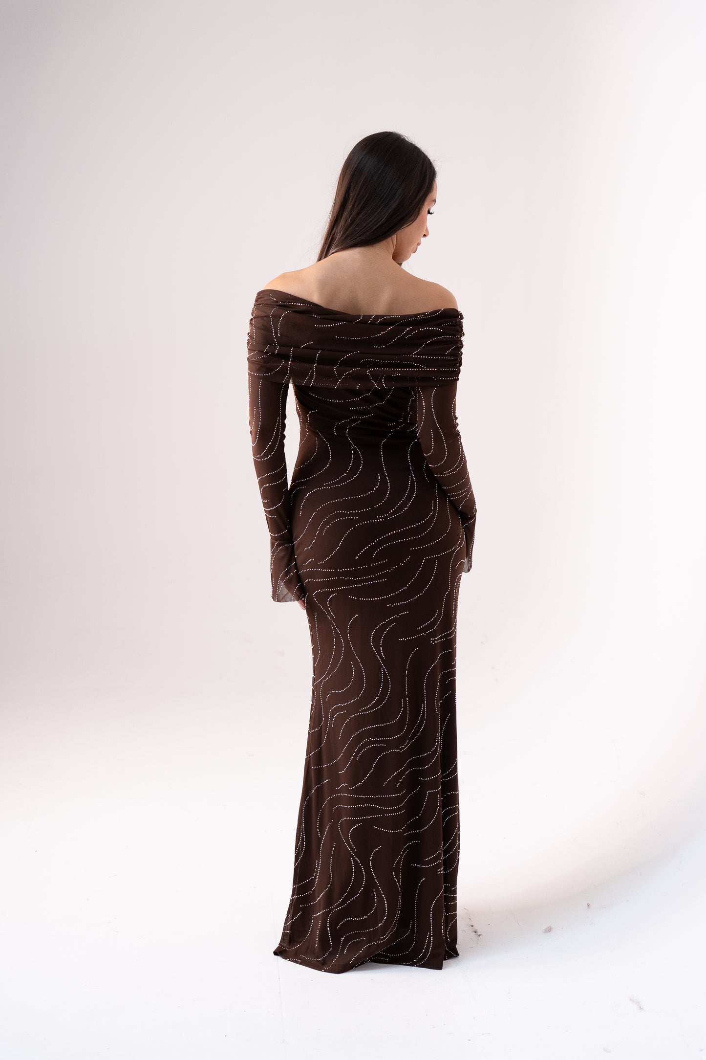Kate Embellished Bardot Dress In Chocolate