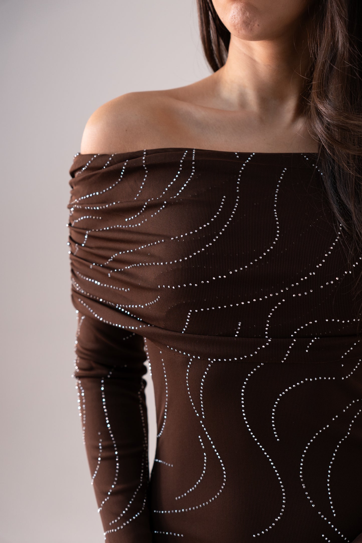 Kate Embellished Bardot Dress In Chocolate