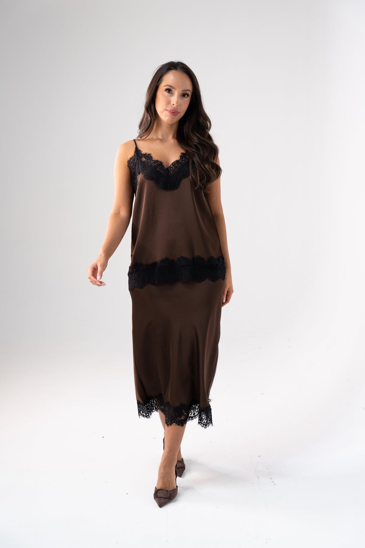 Kate Lace Trim Slip Skirt In Chocolate