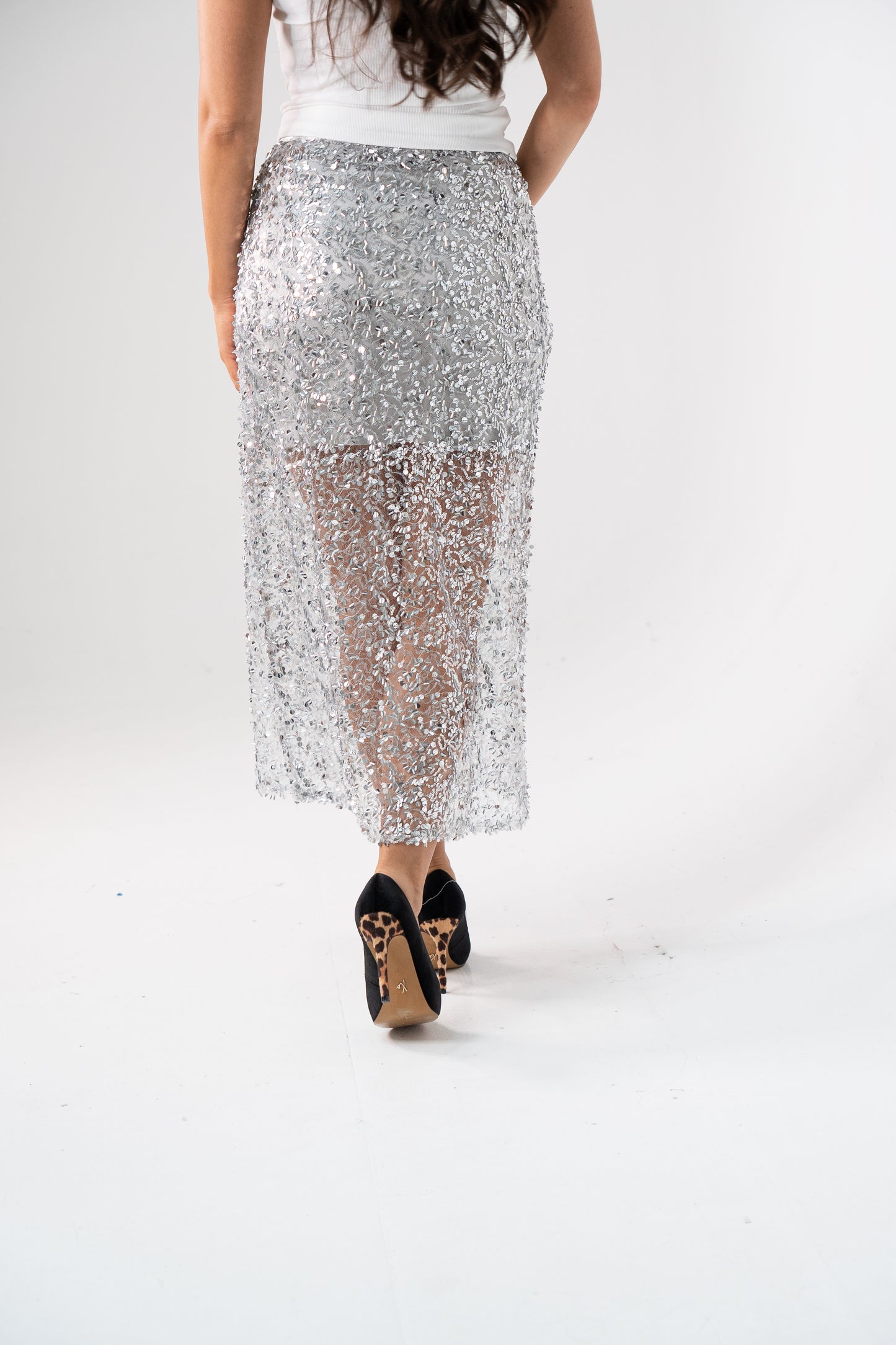 Kate Sequin Midi Skirt In Silver