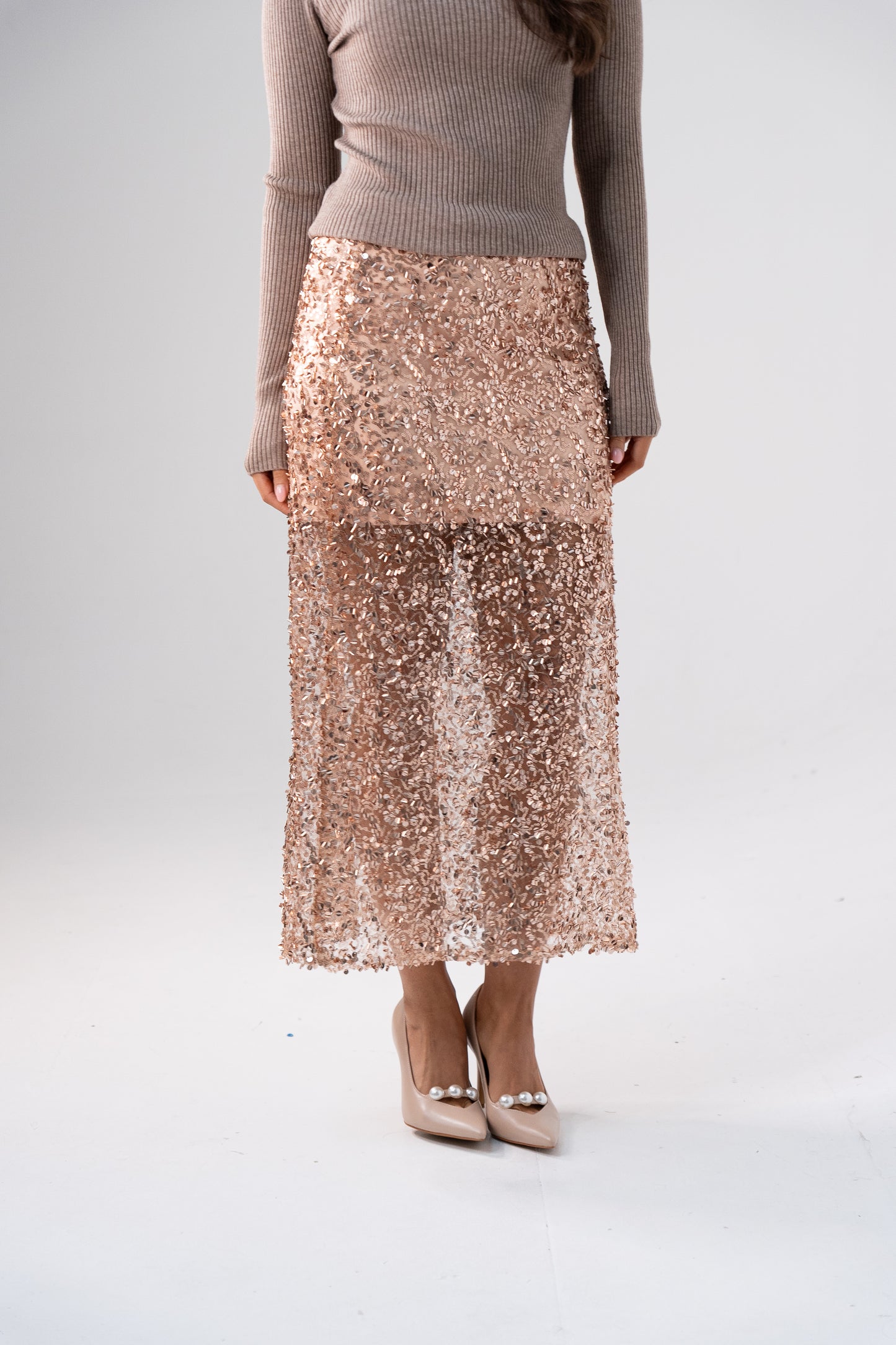 Kate Sequin Midi Skirt In Rose Gold