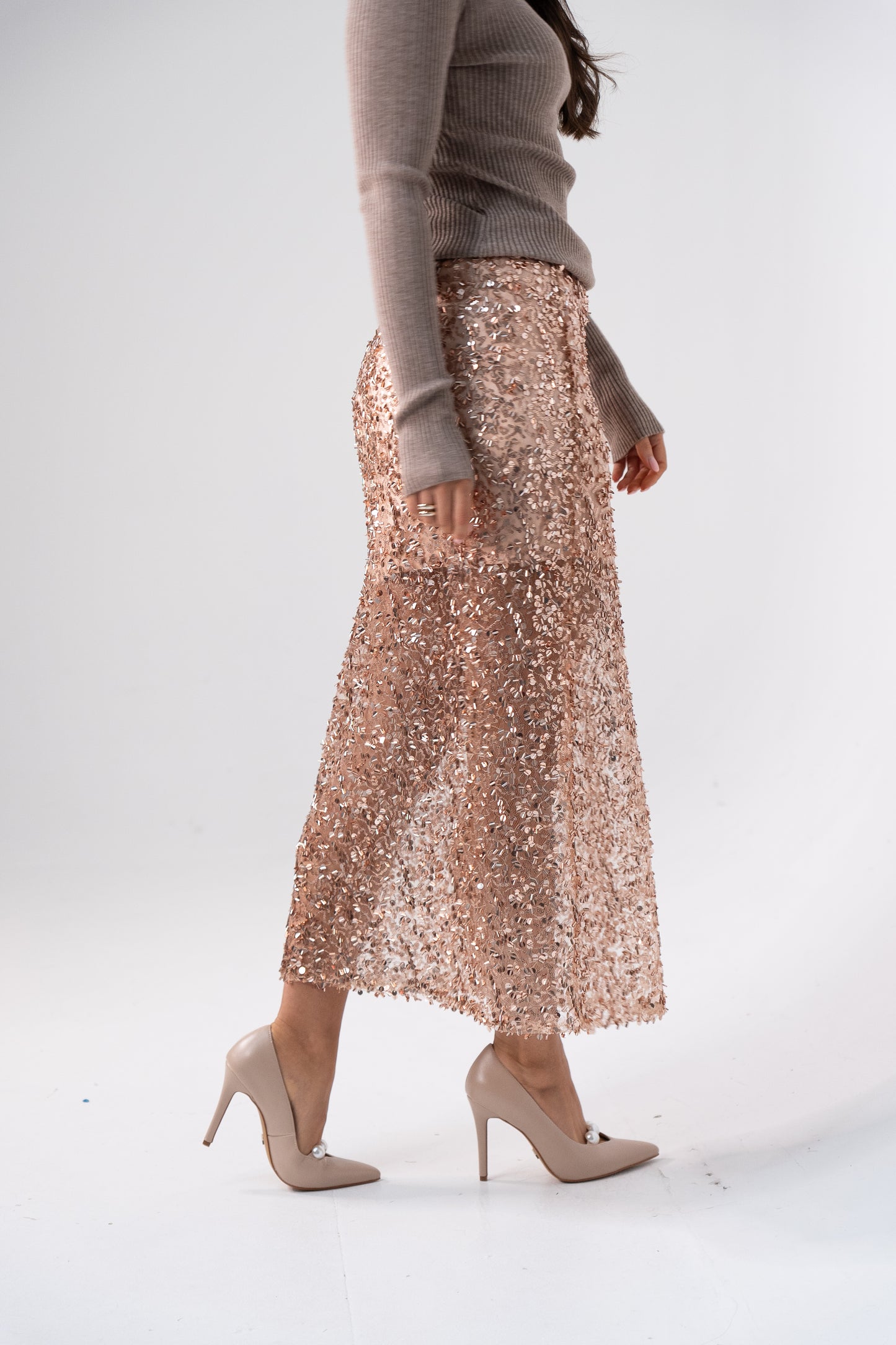 Kate Sequin Midi Skirt In Rose Gold