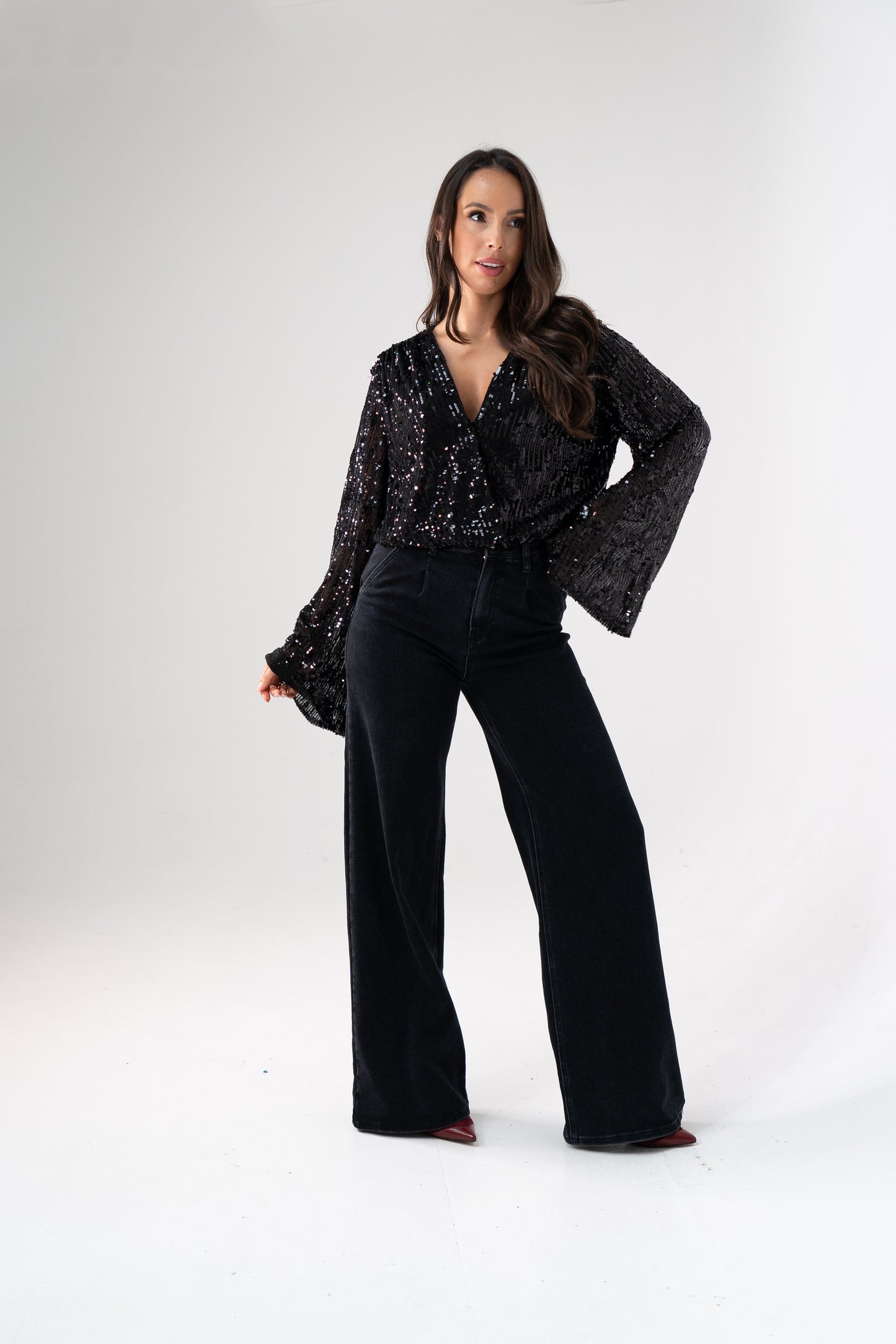 Kate Sequin Wrap Blouse In Black