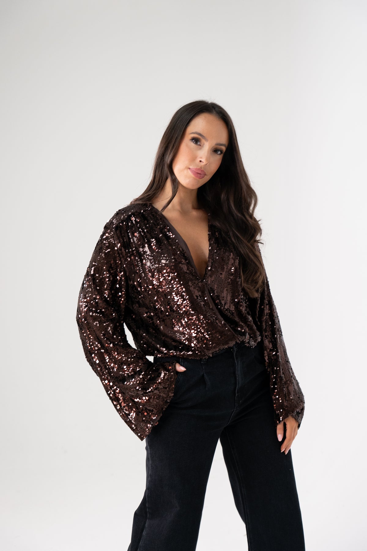 Kate Sequin Wrap Blouse In Chocolate