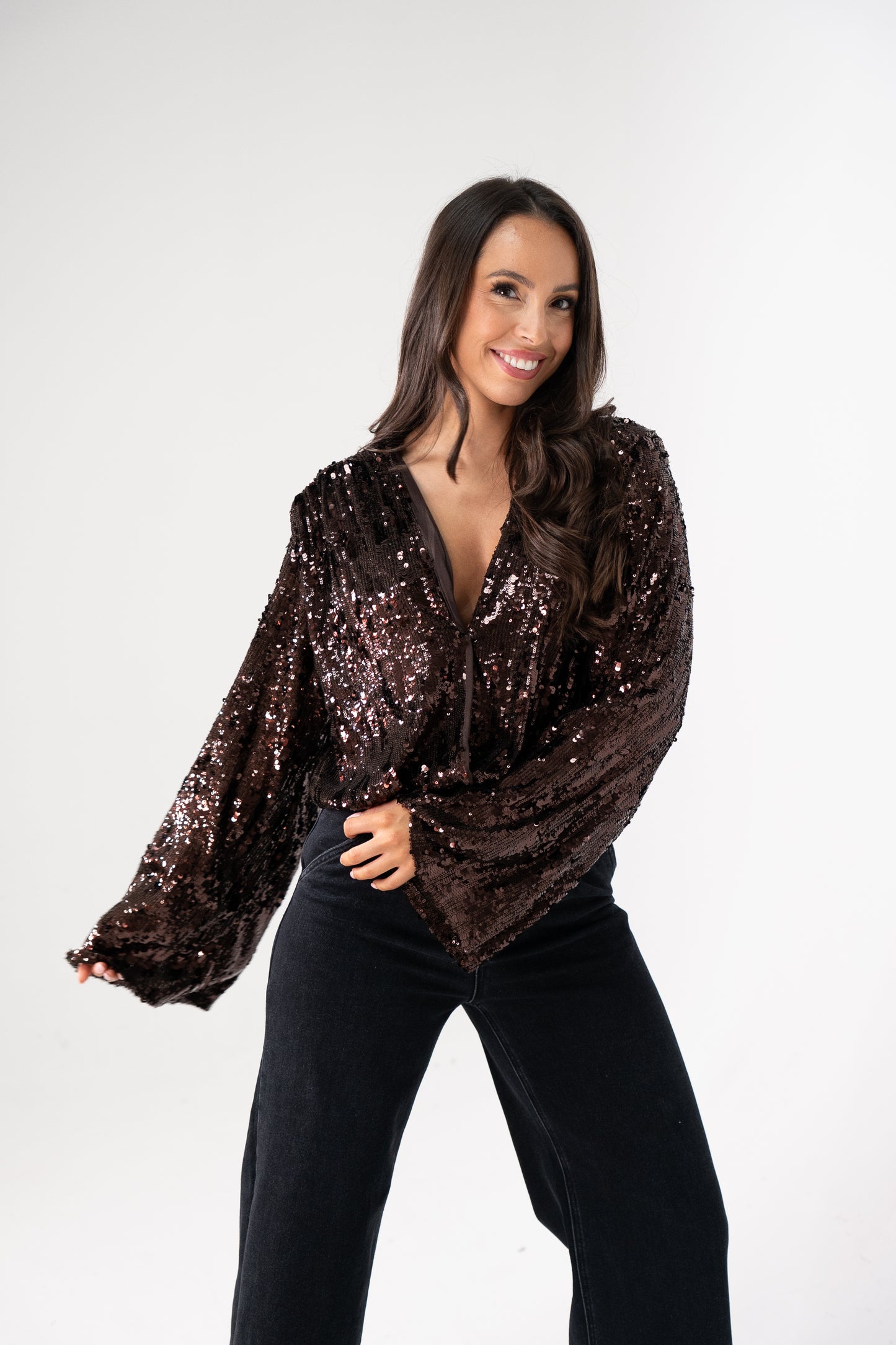 Kate Sequin Wrap Blouse In Chocolate