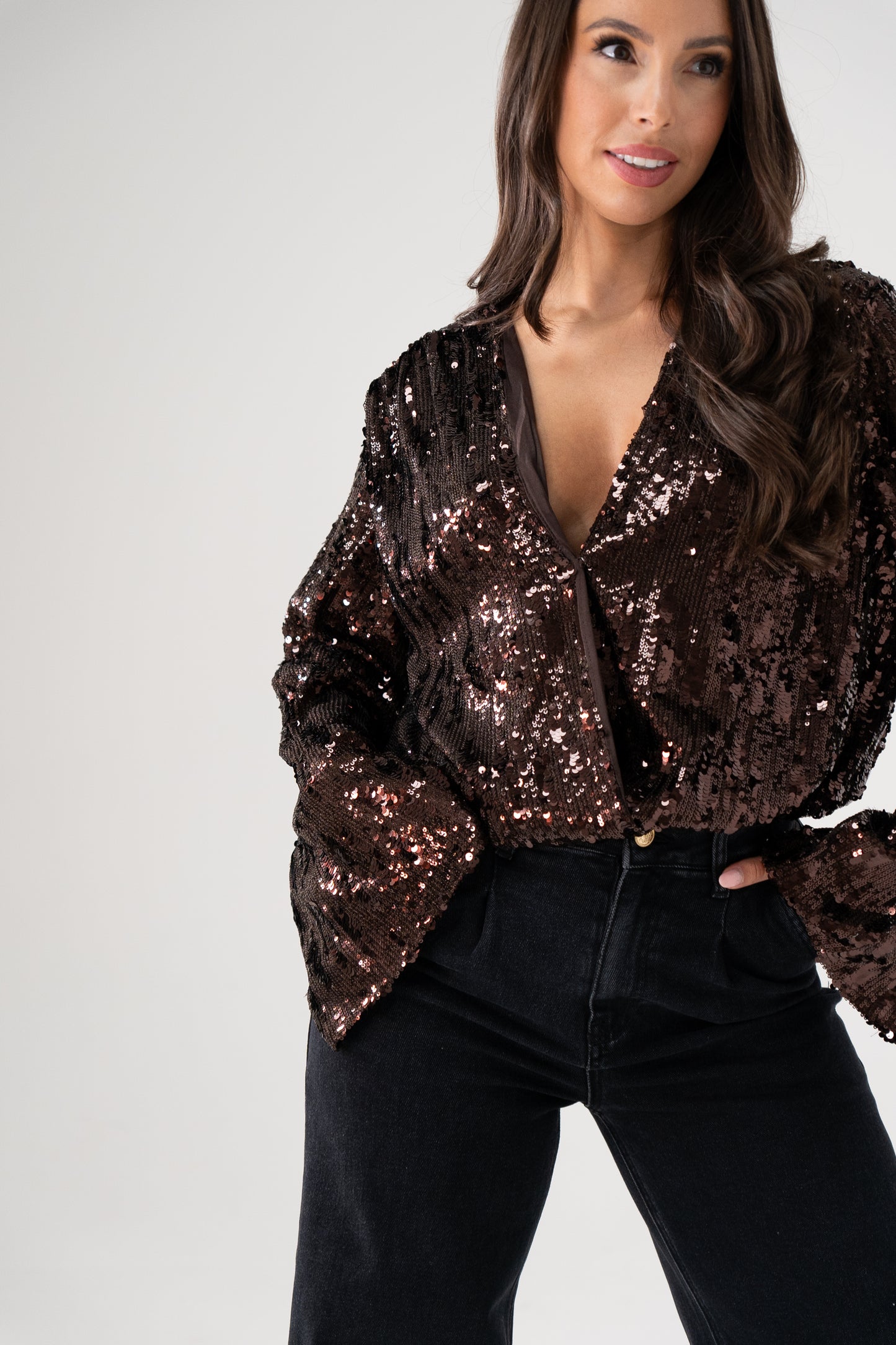 Kate Sequin Wrap Blouse In Chocolate