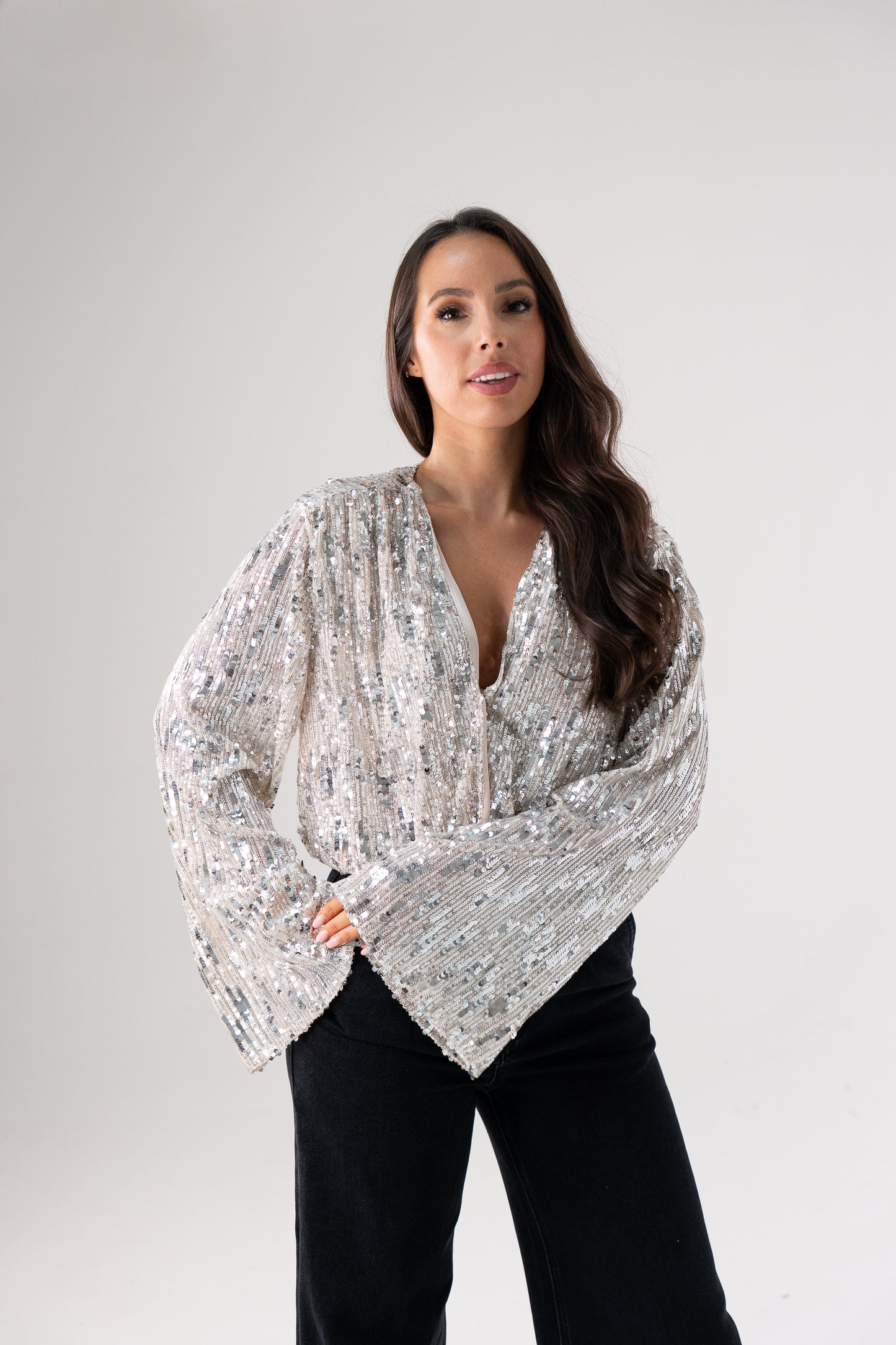 Kate Sequin Wrap Blouse In Neutral