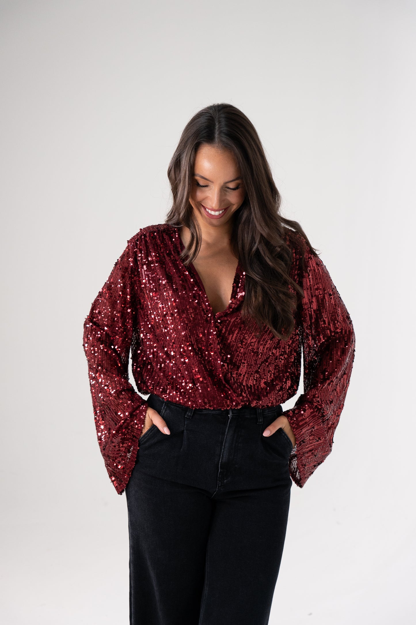 Kate Sequin Wrap Blouse In Wine