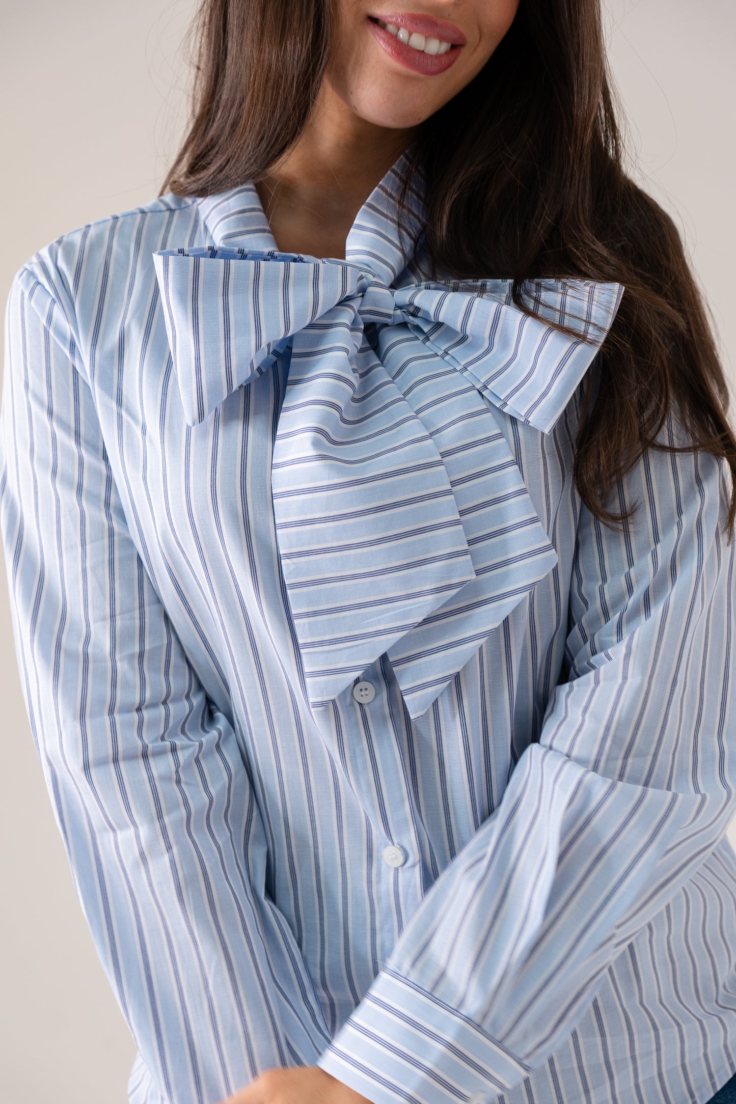 Kendra Bow Collar Pinstripe Shirt In Blue