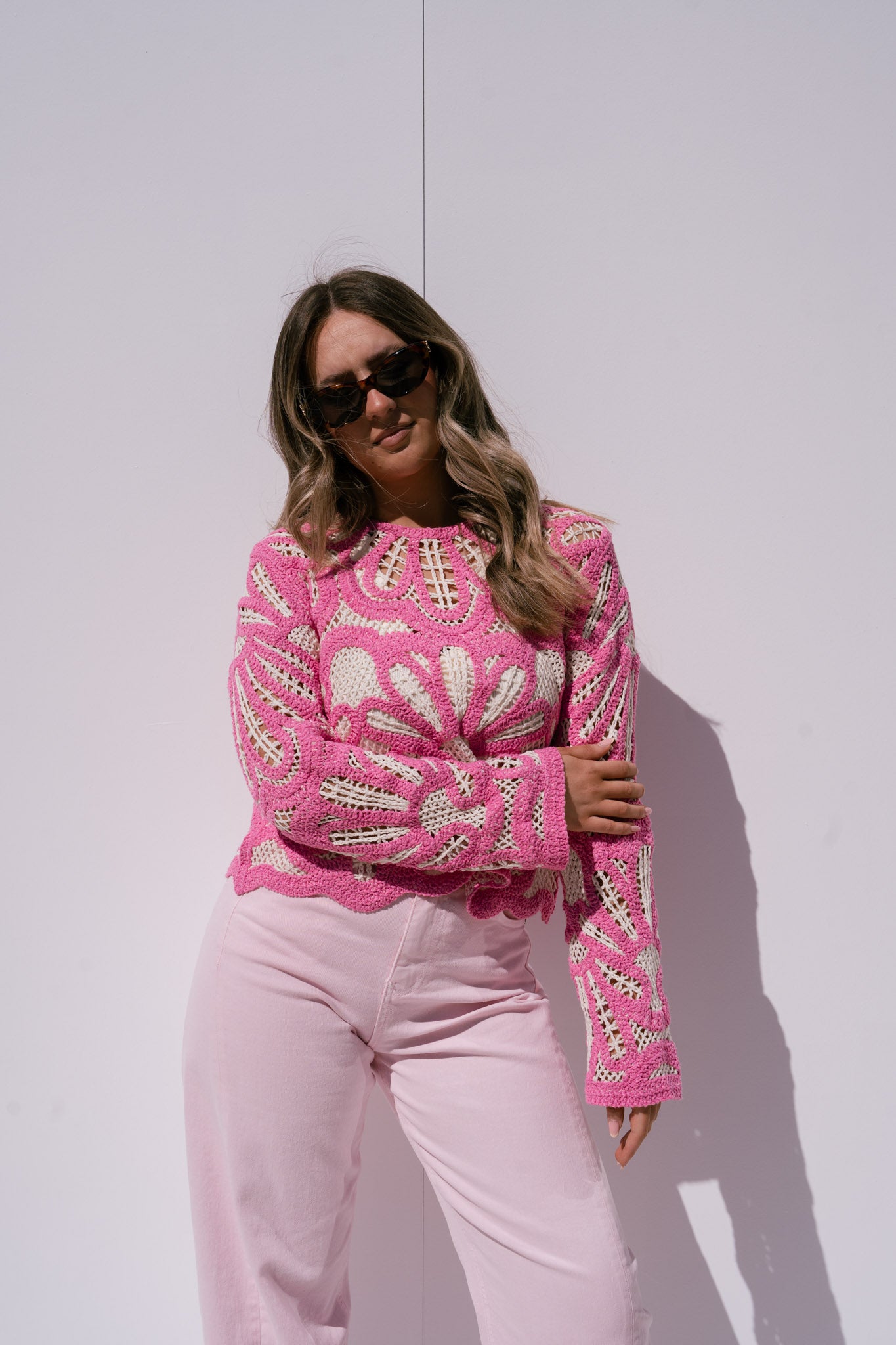 Kendra Contrast Crochet Jumper In Pink