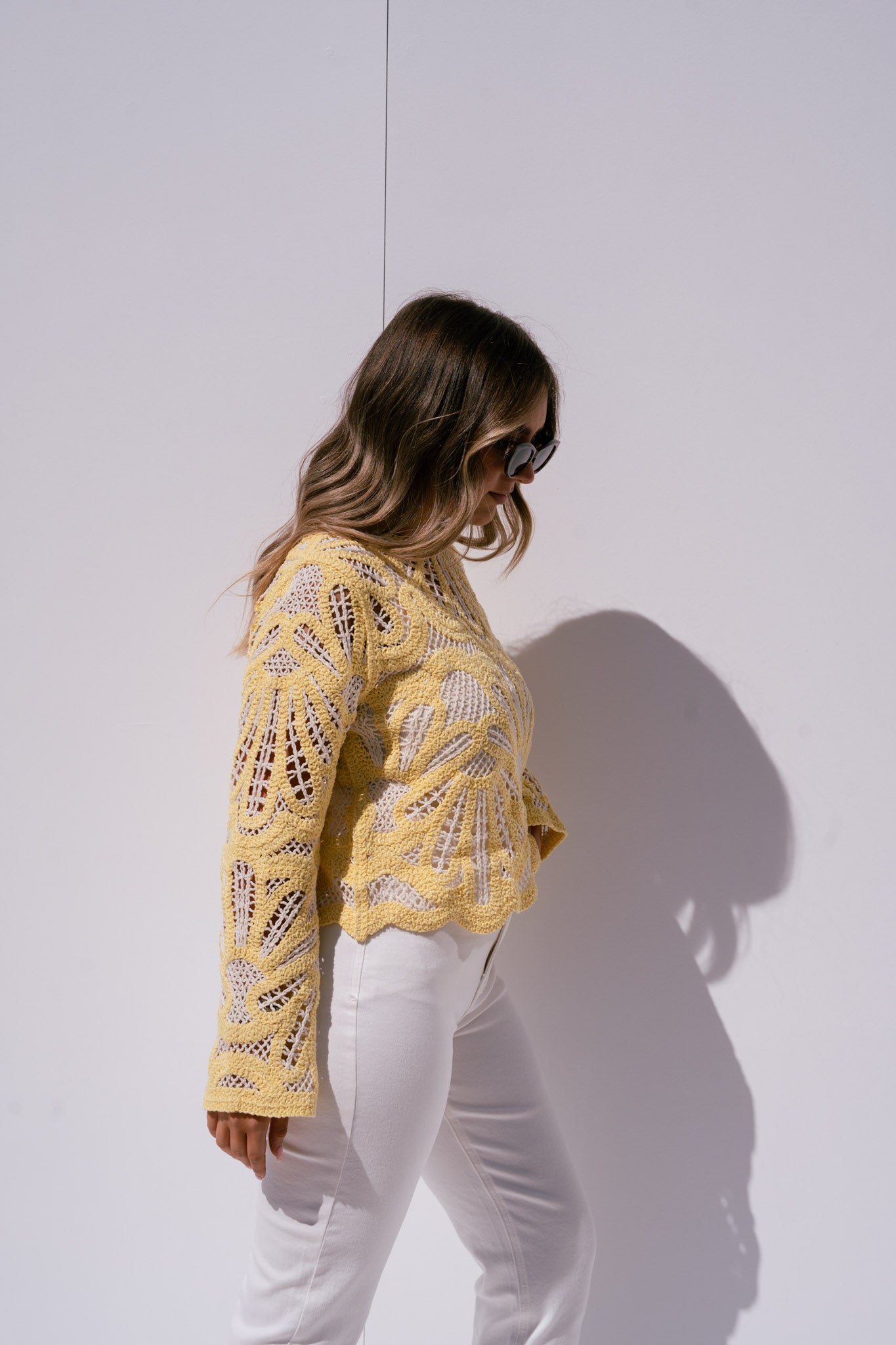 Kendra Contrast Crochet Jumper In Yellow